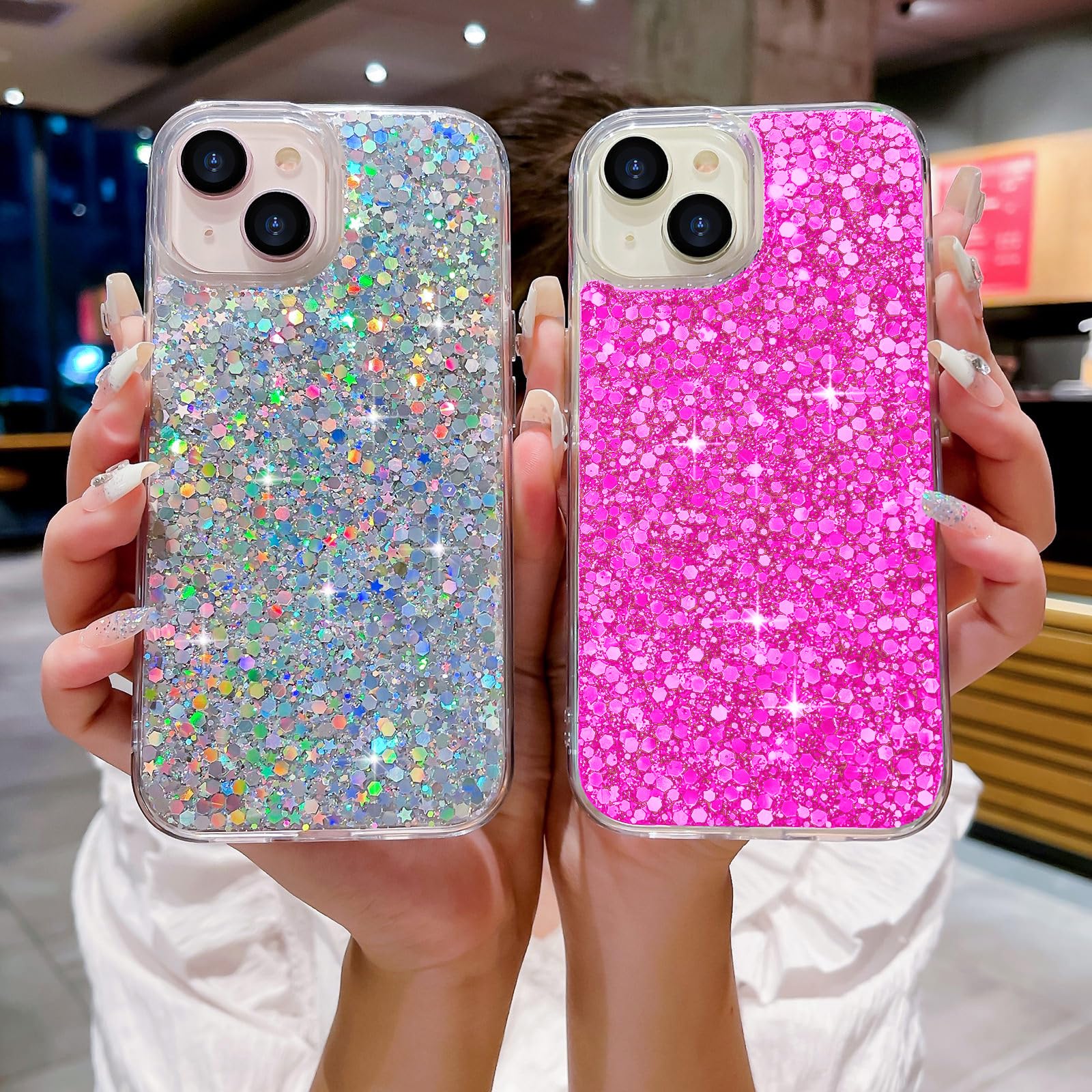LCHULLE Funda para iPhone 15 con purpurina brillante para mujeres y niñas, lindas estrellas de lentejuelas brillantes, funda de silicona TPU suave, a prueba de golpes, antiarañazos, funda protectora