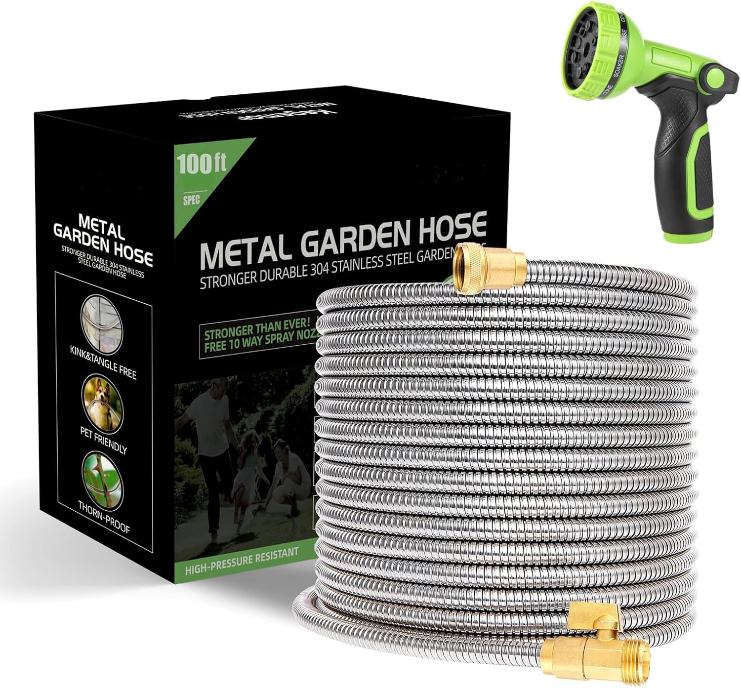 Metal Garden Hose 100 ft Water Hose 304 Stainless Flexible Lightweight Outdoor Yard Strong Durable Heavy Duty Hose Pipe with 10-Way Nozzle Solid 3/4" Brass Connectors No Kink Leakproof Outside