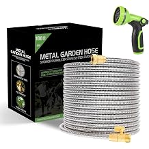 Metal Garden Hose 100 ft Water Hose 304 Stainless Flexible Lightweight Outdoor Yard Strong Durable Heavy Duty Hose Pipe with 10-Way Nozzle Solid 3/4" Brass Connectors No Kink Leakproof Outside