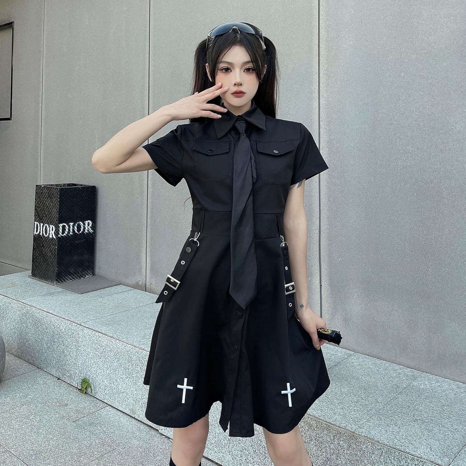 Gothic Black Summer Academy Tie Cross Black Retro Dress Harajuku Dress Emo Clothes - Image 6