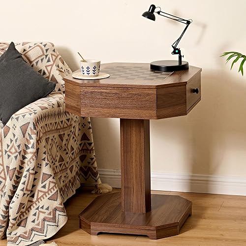 Miniatura 9 de soges Mesa de juego de 2 cajones para ajedrez y damas, mesa combinada de ajedrez y damas, mesa de ajedrez para juegos de mesa familiares, color nogal