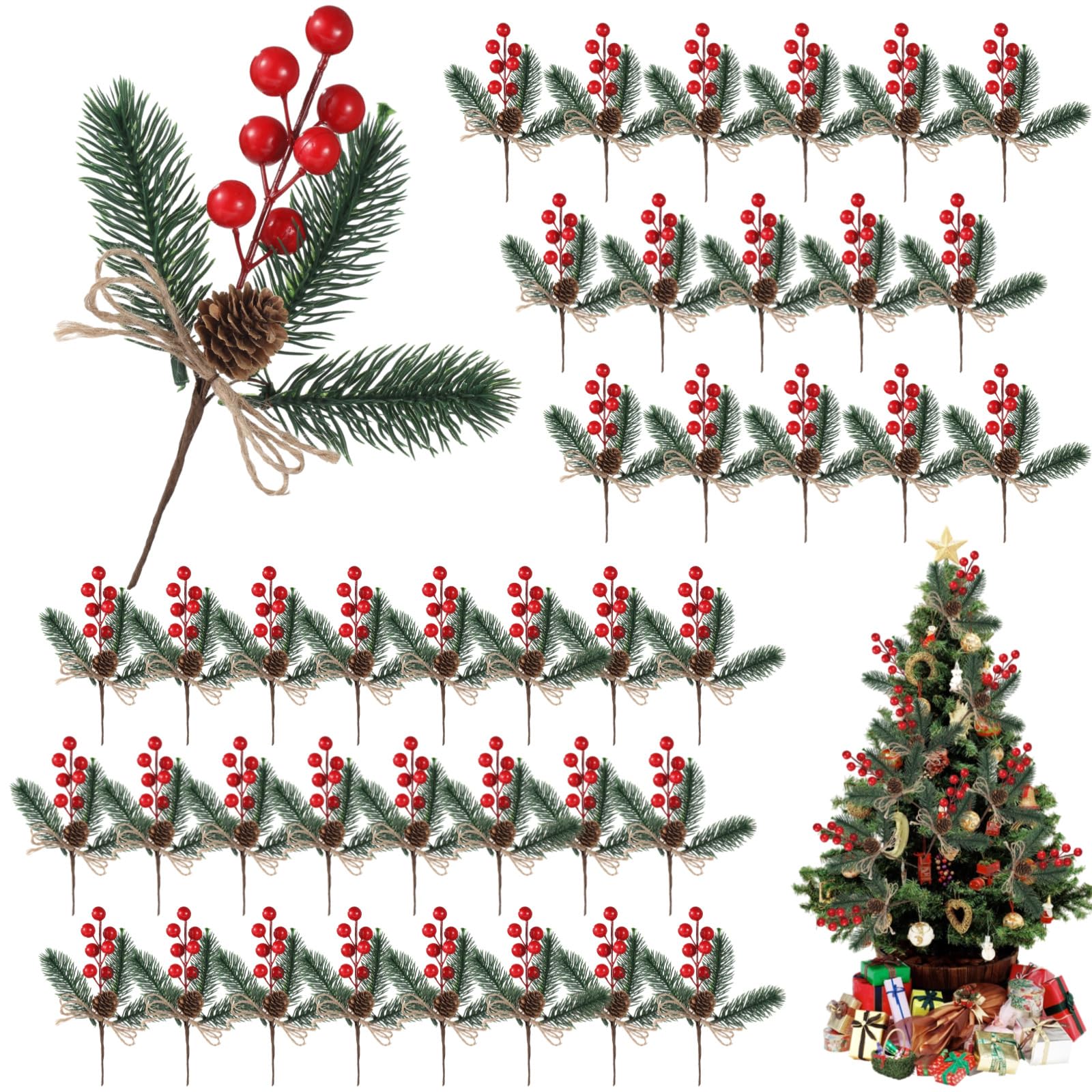40 STK. Tannenzapfen- und rote Beeren-Picks, Kiefernnadelzweige Weihnachtsdeko, realistische Tannenzapfen, künstliche immergrüne Zweige, Weihnachtsornamente für Festdeko, Blumen, DIY-Kranz