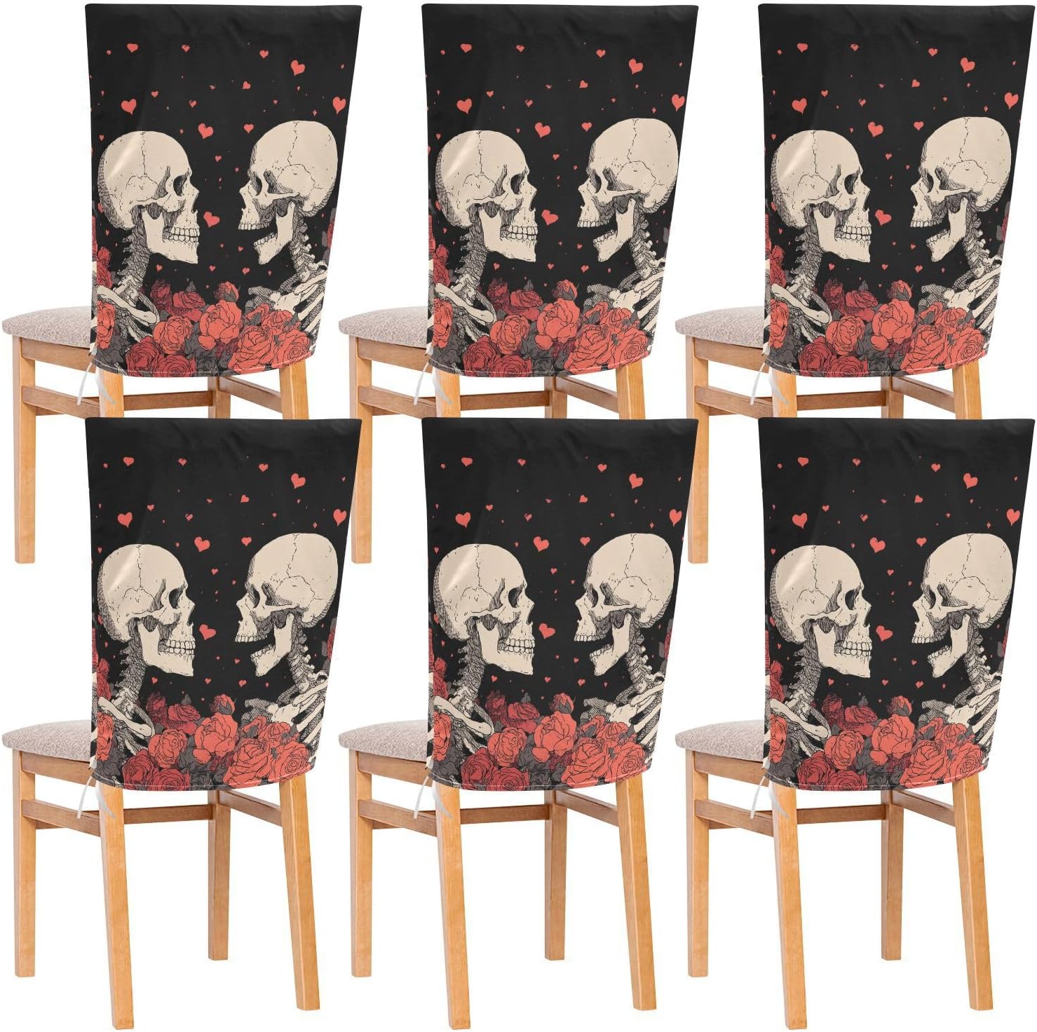 ALAZA Skeletons Hearts Roses Chair Back Cover Set of 6, Washable Reusable Removable Chair Slipcovers Decorative Chair Cover for Home Kitchen Wedding Party