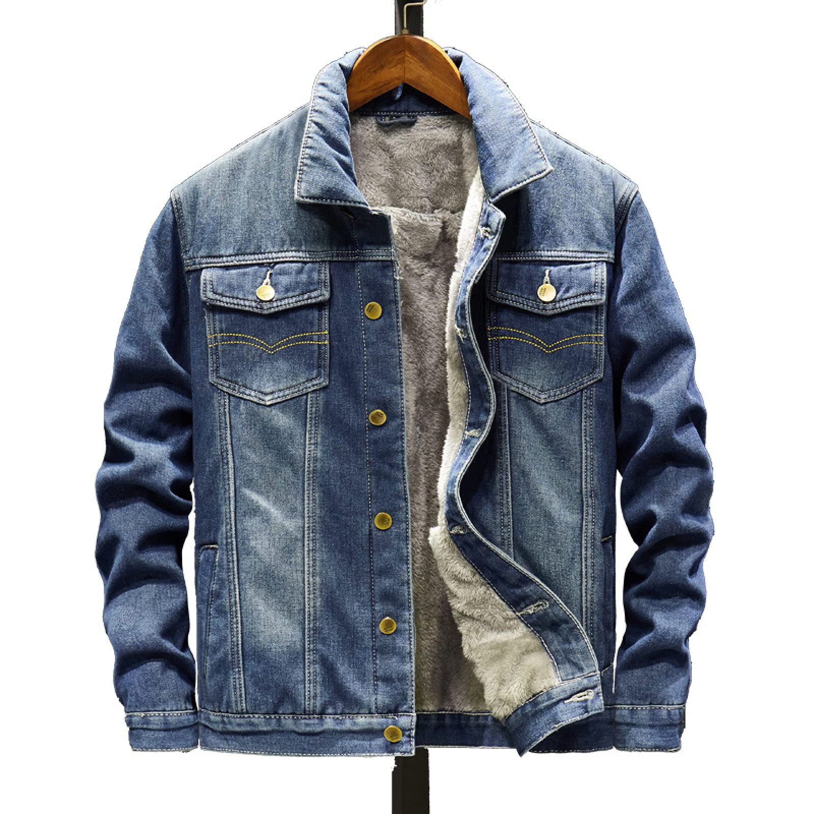 FBYDLL Mens Loose Denim Jacket - Plus Size Thicken Tooling Plus Velvet Autumn Jean Coat, Keep Warm Long Sleeve Button Up Wash Cowboy Top, With Pockets For Teenager M - 8Xl