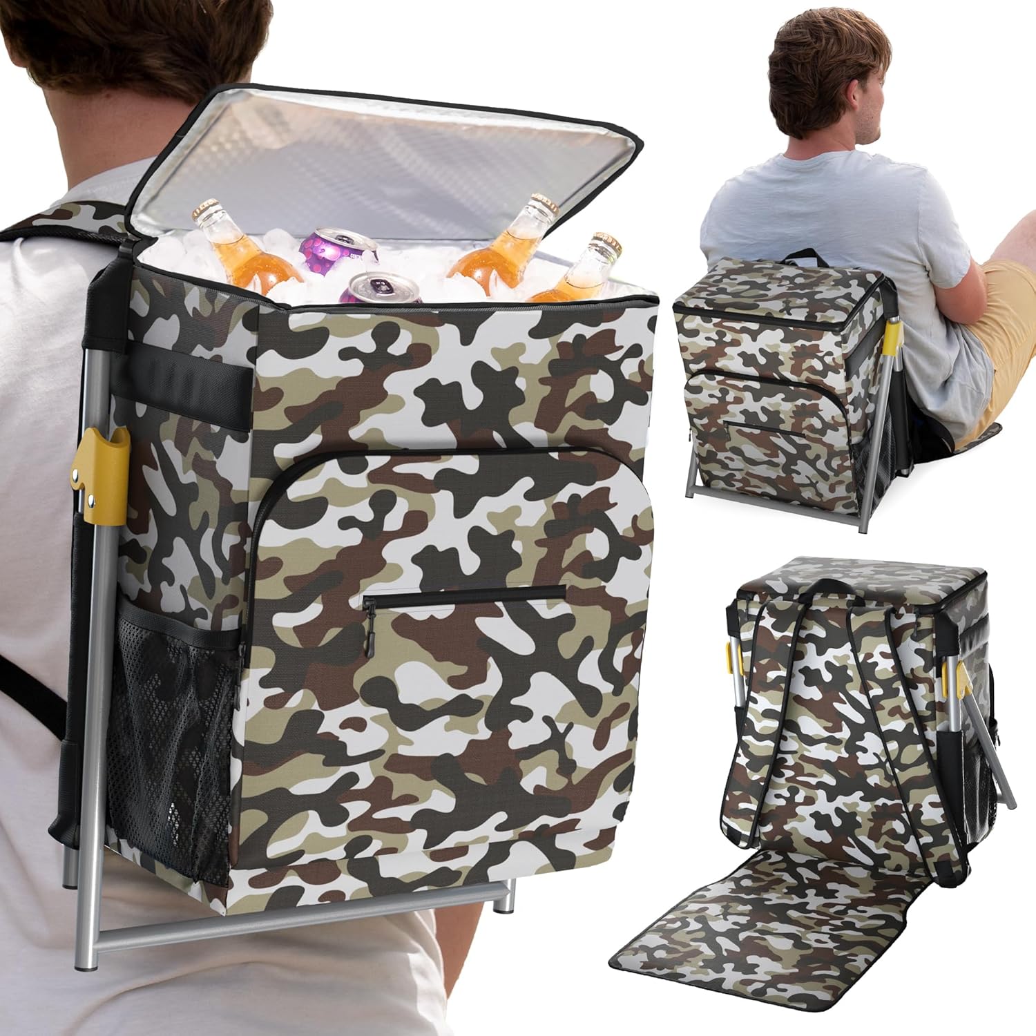 Insulated Backpack Cooler with Foldable Seat - 40 Cans, 24 Hour Cooling, Breathable Straps, Lightweight Leak Proof Liner, Portable Cooler Backpack Bag for Men Women Beach Travel Camping Picnic Hiking 05. Camouflage (Cooler Chair)