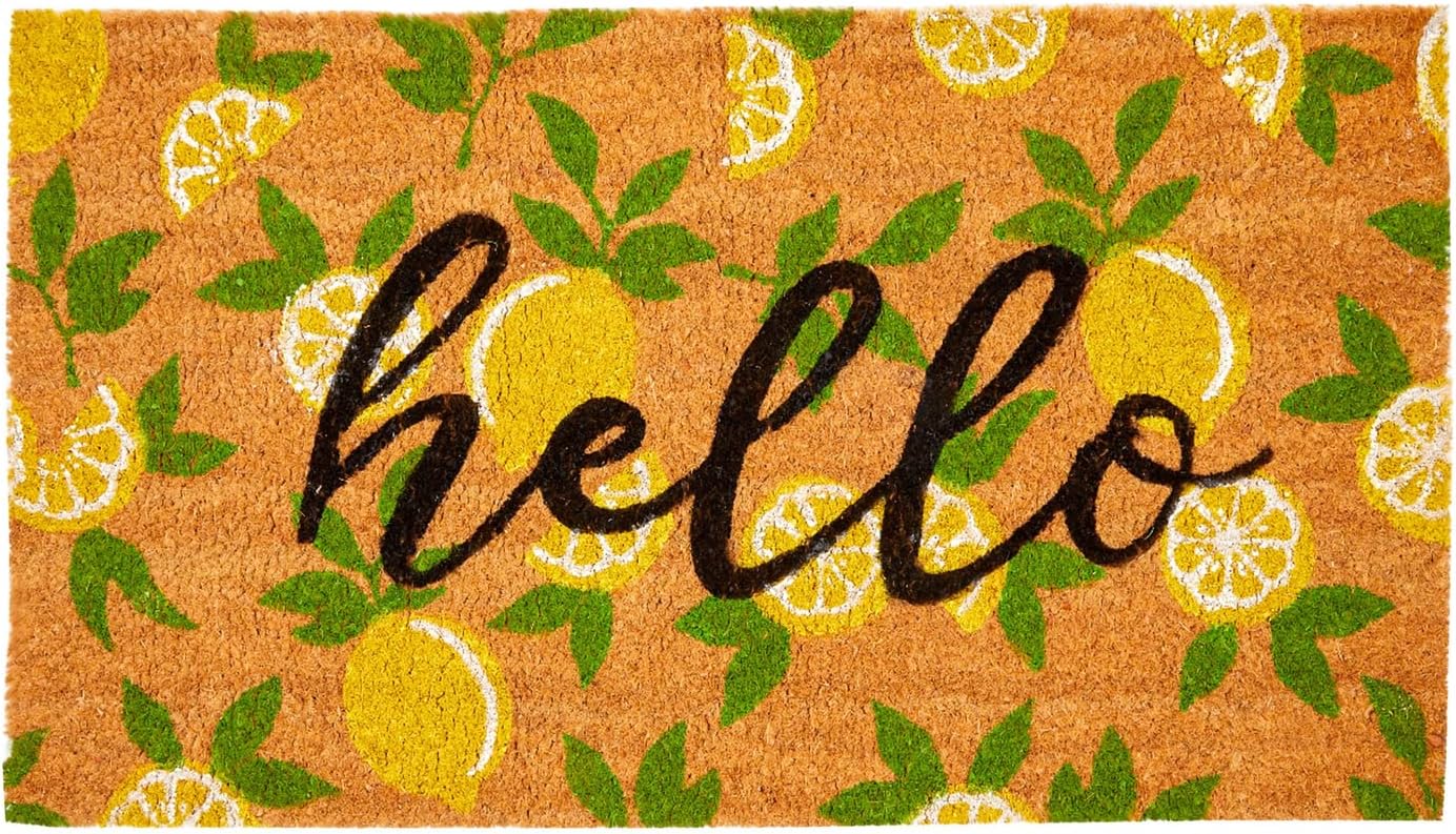 Juvale Nonslip Coco Coir Front Door Welcome Mat, Hello Lemon Outdoor Rug (17 x 30 in)