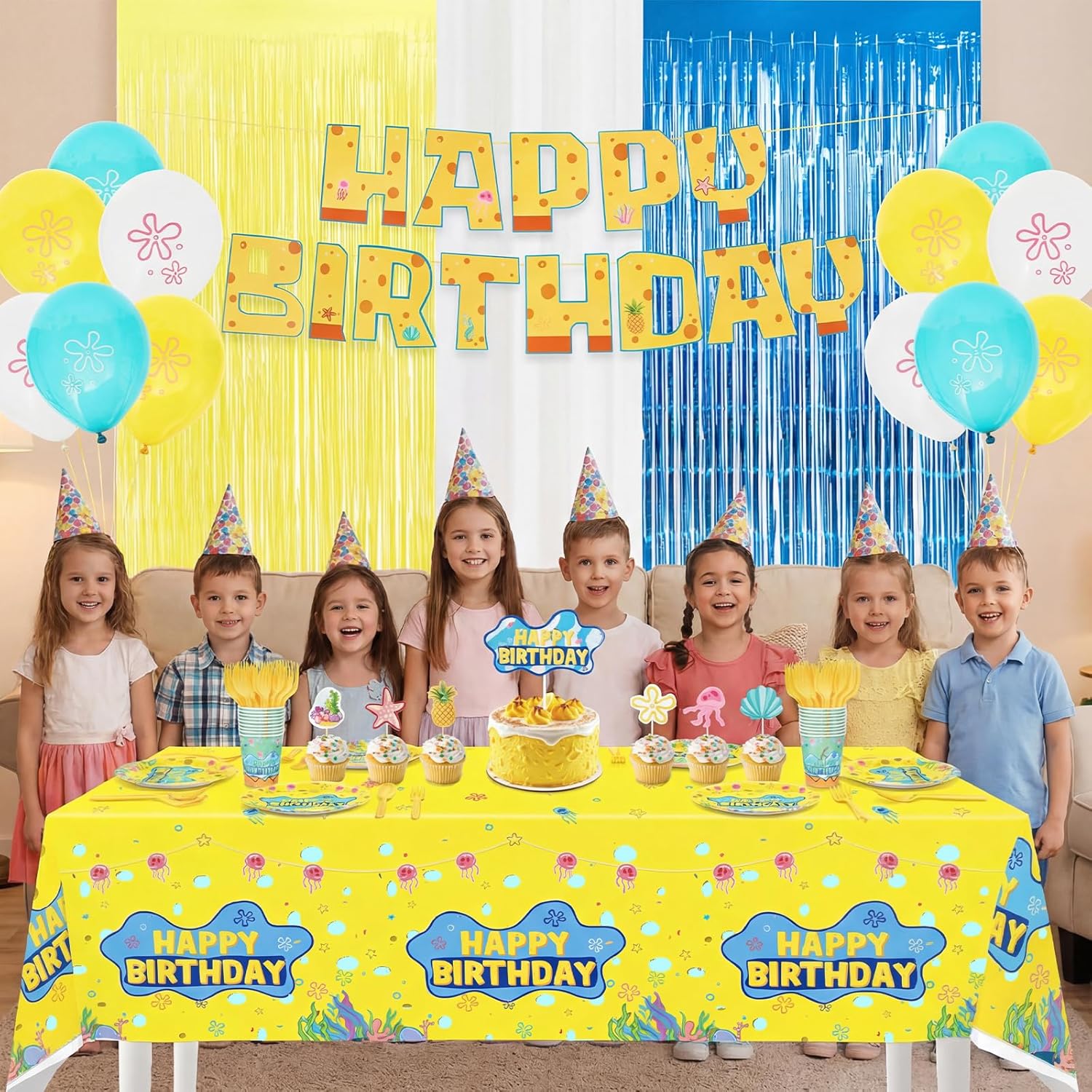 141pcs Yellow Cartoon Ocean Themed Party Decorations Supplies - Banner Foil Fringe Curtains Balloons Plates Tablecloth Cups Napkins Cupcake Toppers Cake Topper for Birthday Decor Sever 20