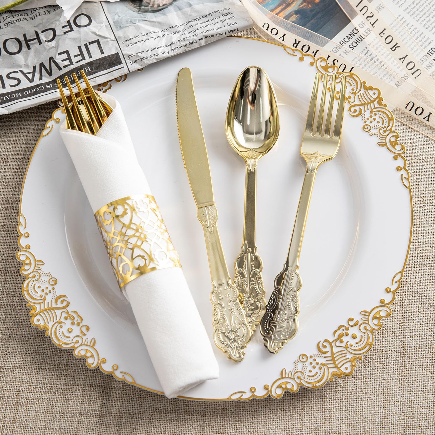 100 Pre-Rolled Gold Plastic Silverware Sets for Parties, 400pc Set - Disposable Silverware for 100 Guests with Forks, Knives, Spoons, and White Napkins - Decorative Flatware for Parties and Weddings
