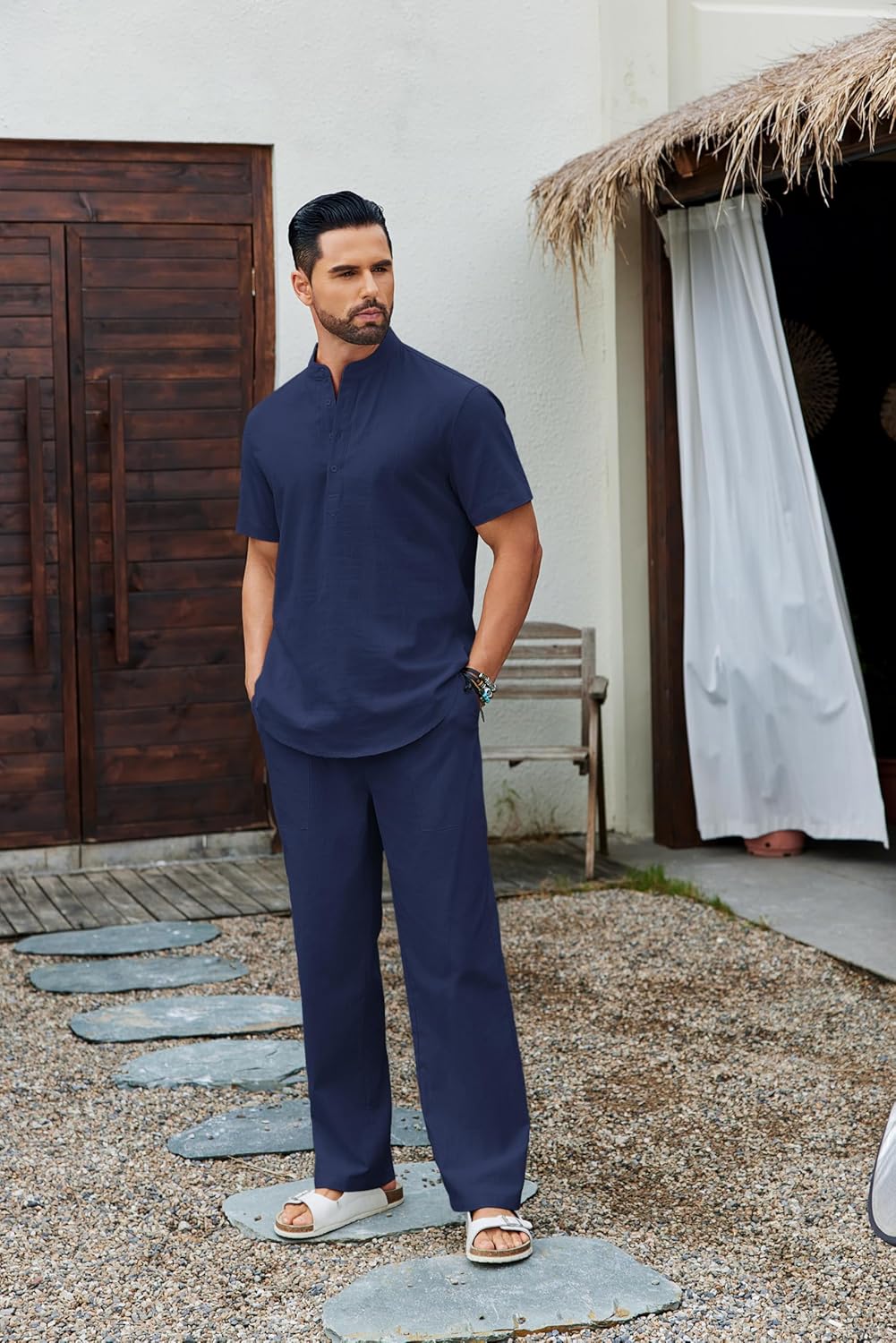 COOFANDY Men's 2 Piece Cotton Sets Casual Short Sleeve Henley Shirts and Beach Pants with Pockets Summer Vacation Outfits - Image 6