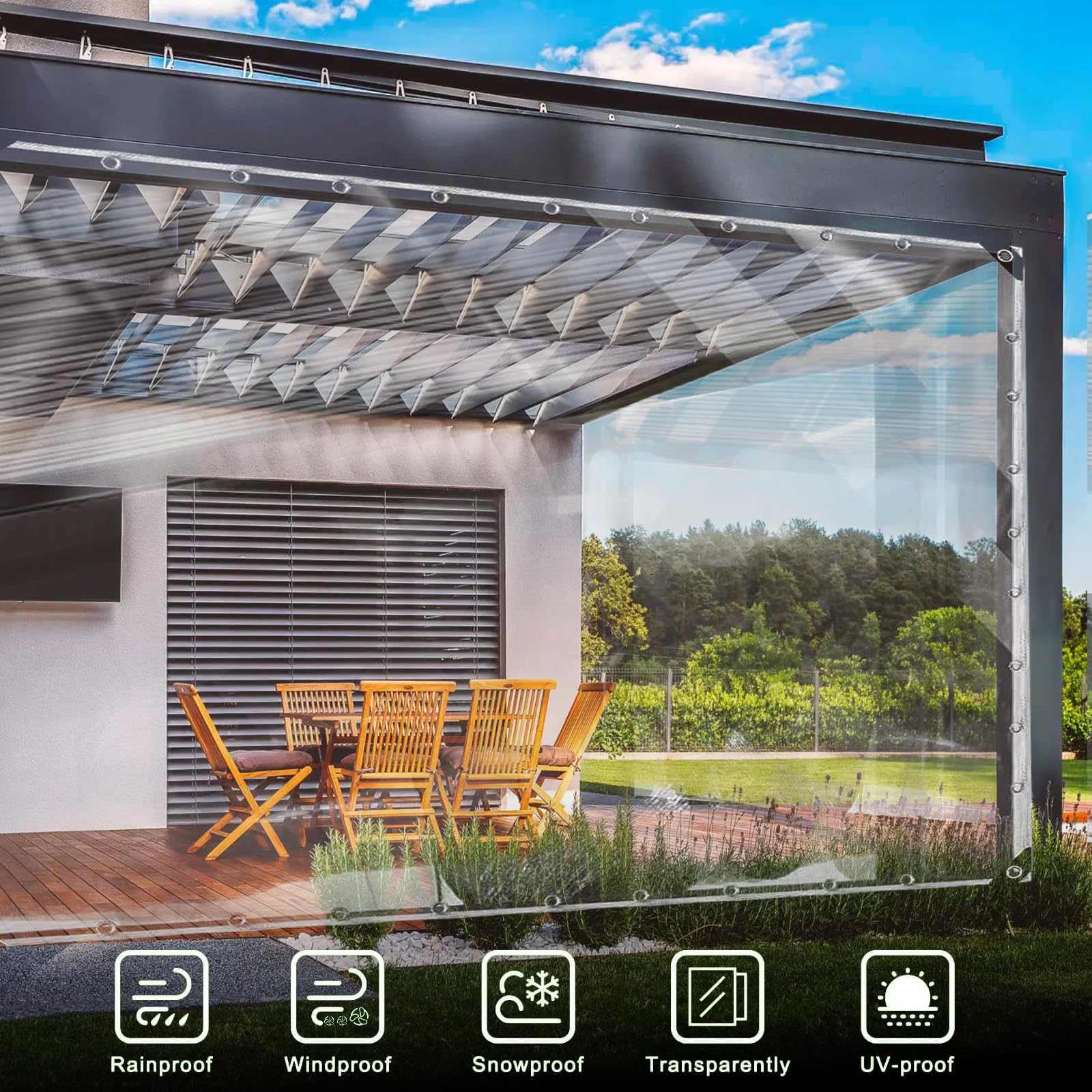 Plane Transparent Wasserdicht mit Ösen, 0,39mm Stark 2x3m PVC Abdeckplane, Außenbereich Wetterfeste Klarsichtfolie für Gartenmöbel Gewächshaus Carport Vordach Camping Balkon