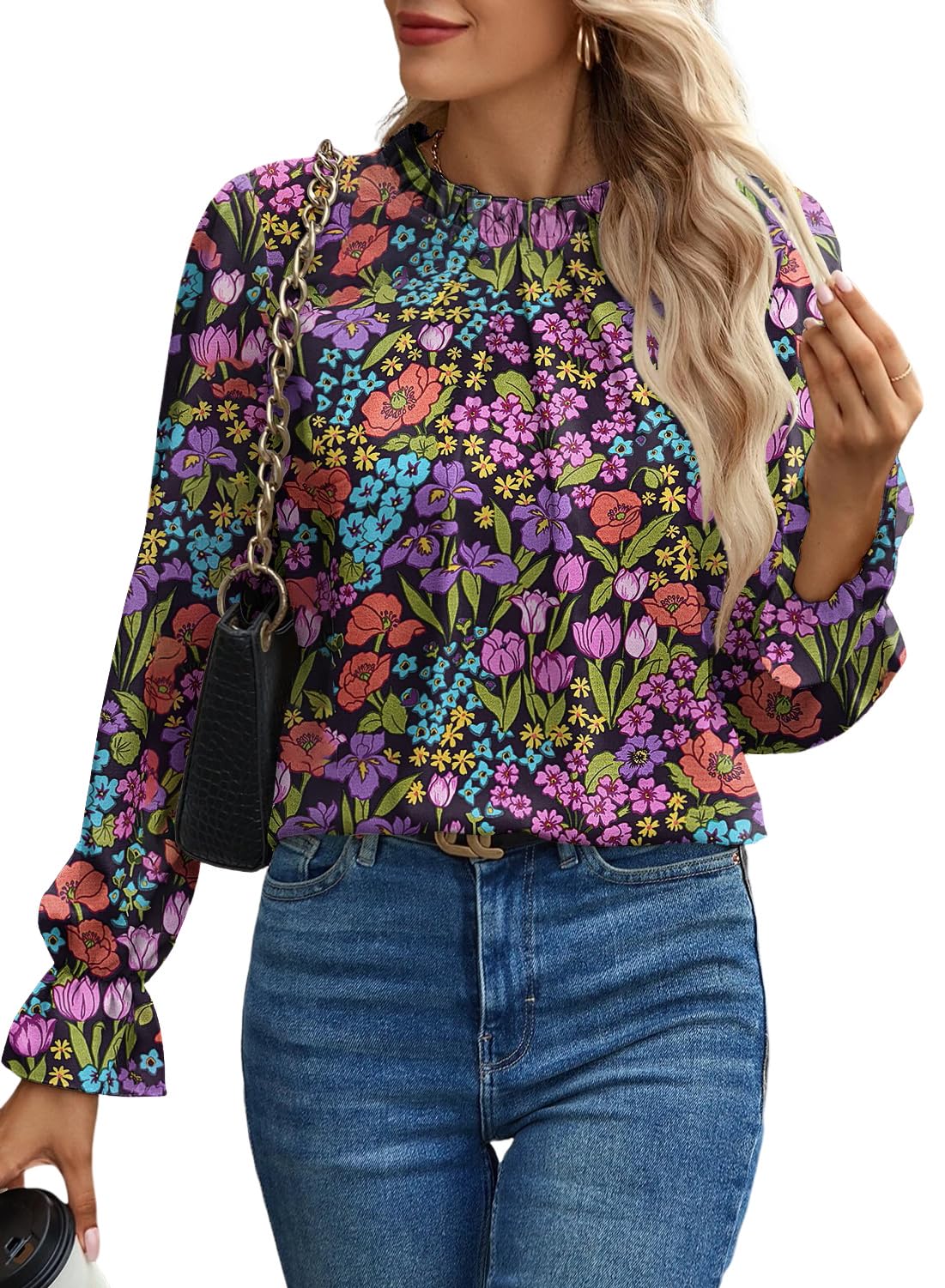 Spriolim Women's Swiss Dot Shirt Ruffle Long Sleeve Pleated Crewneck Blouse Casual Loose Tops