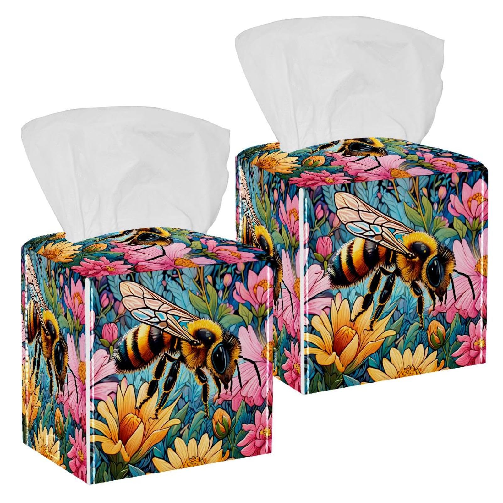 Color Drawing Bee Tissue Box Cover, 2 Pack PU Leather Square Facial Tissue Dispenser Box holder for Home Office Car