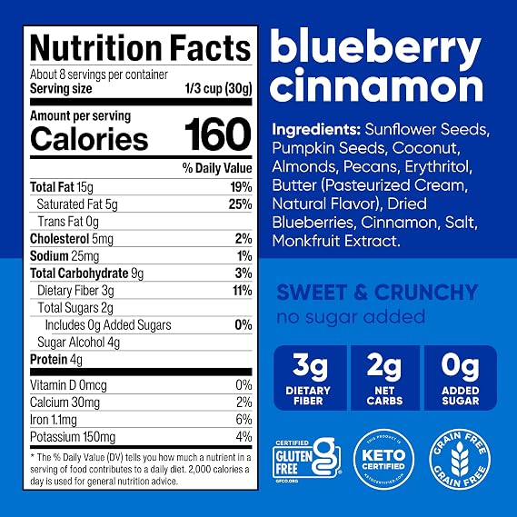 NuTrail Nut Granola Cereal, Blueberry Cinnamon, No Sugar Added, Keto, Low Carb, Gluten Free, Grain Free, Healthy Breakfast 8 oz. 1 Count