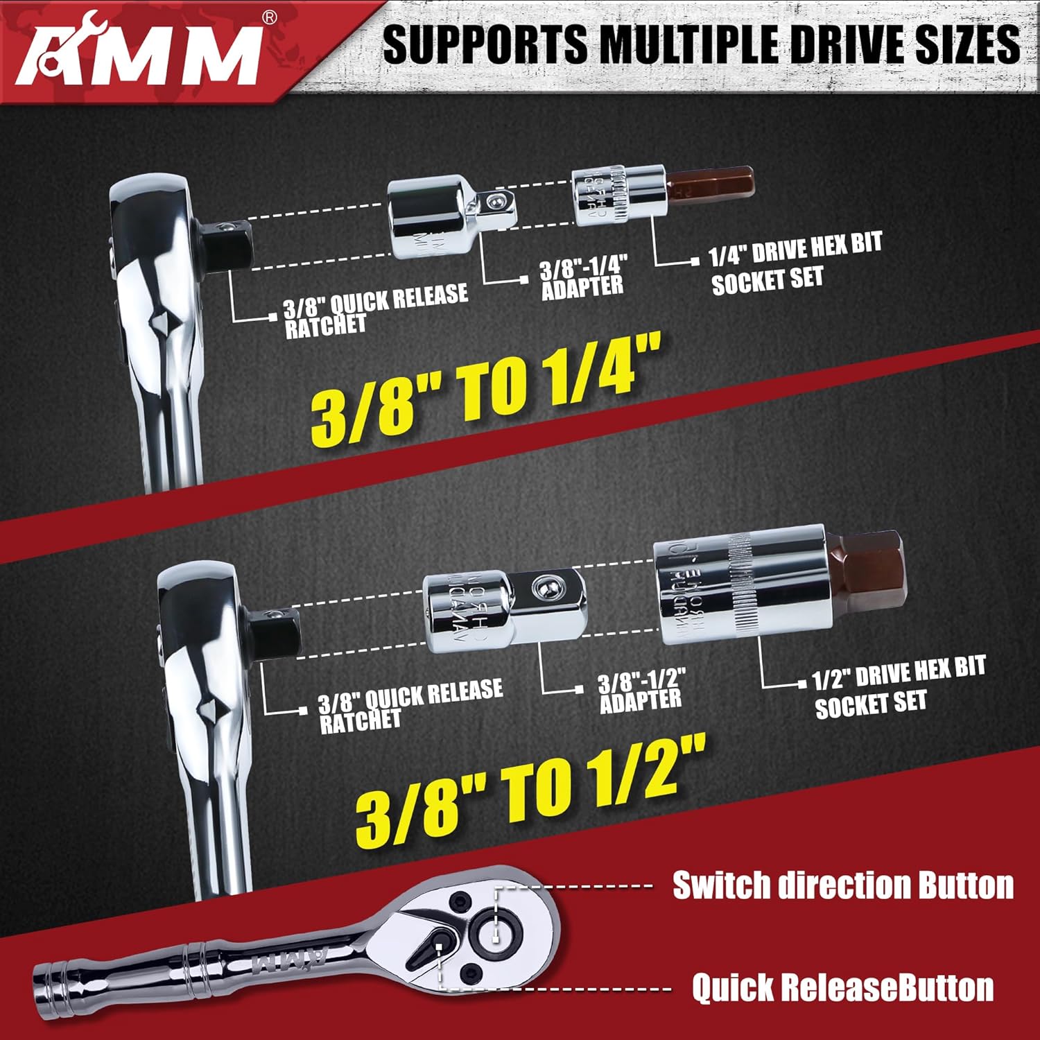 AMM 38PCS Master Allen Socket Set，SAE and Metric Hex Bit Socket Set，1/4"， 3/8"，1/2" Drive，H1.5 ~ H19 & H1/16 ~ H3/4，3/8" Ratchet，Extension Bar and Socket Adapters