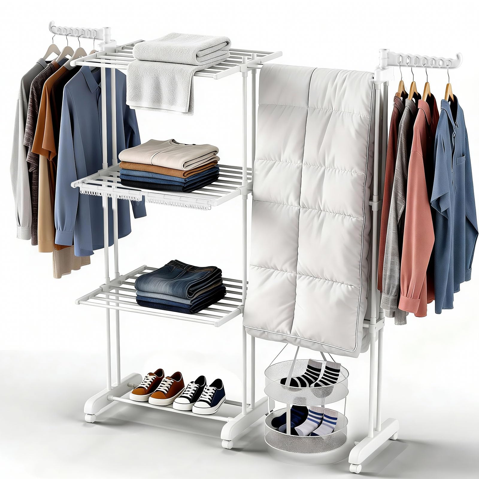 Étendoir à Linge 3 ÉTAGES Extensible & Pliable (66-130 CM) - Compact, 40 kg Capacité pour Petits Espaces,Blanc