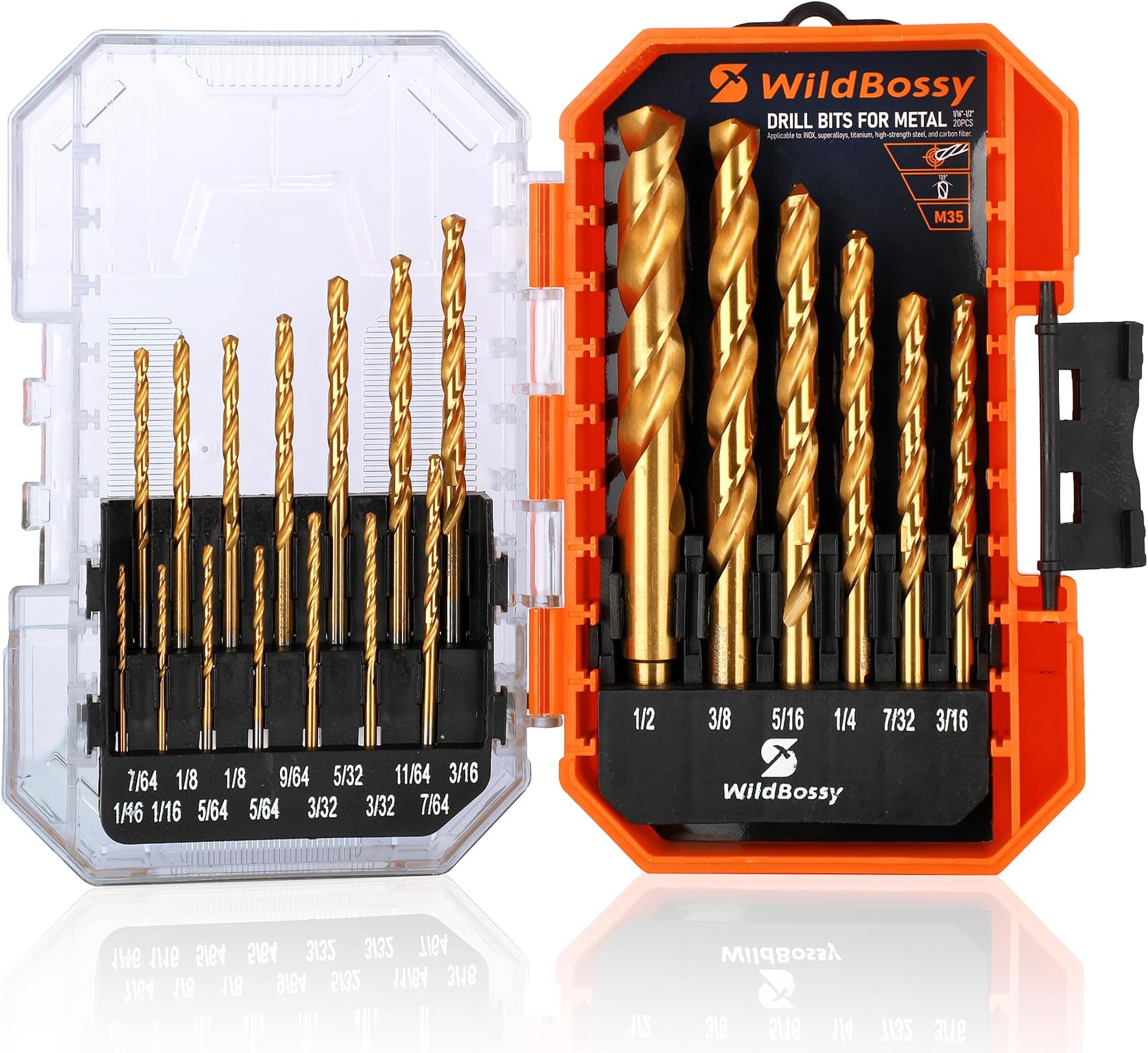 M35 Cobalt Drill Bit Set 20PCS(1/16"-1/2") High Speed Steel Jobber Length Drill Bit Kit for Hardened Metal with Index Storage Case