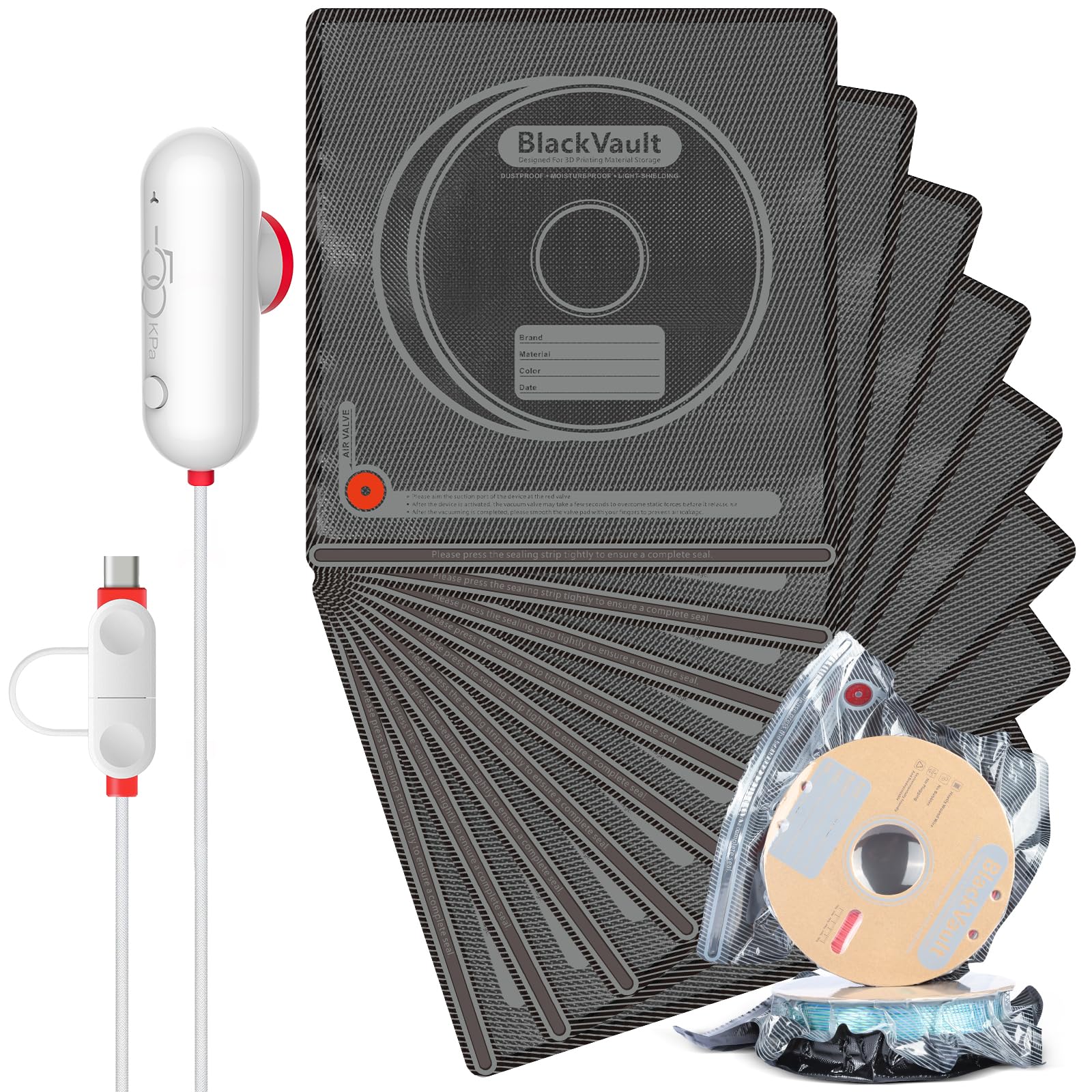 Vacbird 3D Drucker Zubehör Vakuum Kit, 10er 3D Filament Schwarz Vakuumbeutel mit USB-Pumpe(30 * 34cm) Kann Sonnenlicht blockieren für 3D Drucker Glühfaden Lagerung, Schutz Filament von Feuchtigkeit