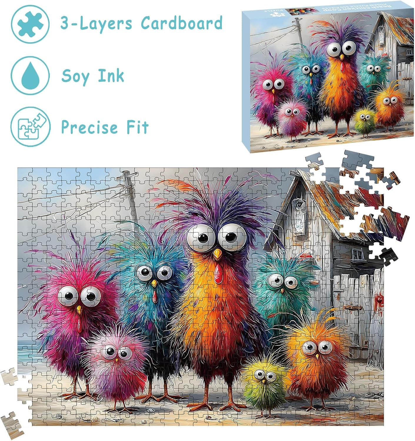 Puzzles for Adults 500 Pieces, Chicken Jigsaw Puzzles - Beach Chicken Coop, Impossible Beach Puzzles for Seniors Family, 20.47x14.96 inches, 1:1 Poster, Letter on The Back