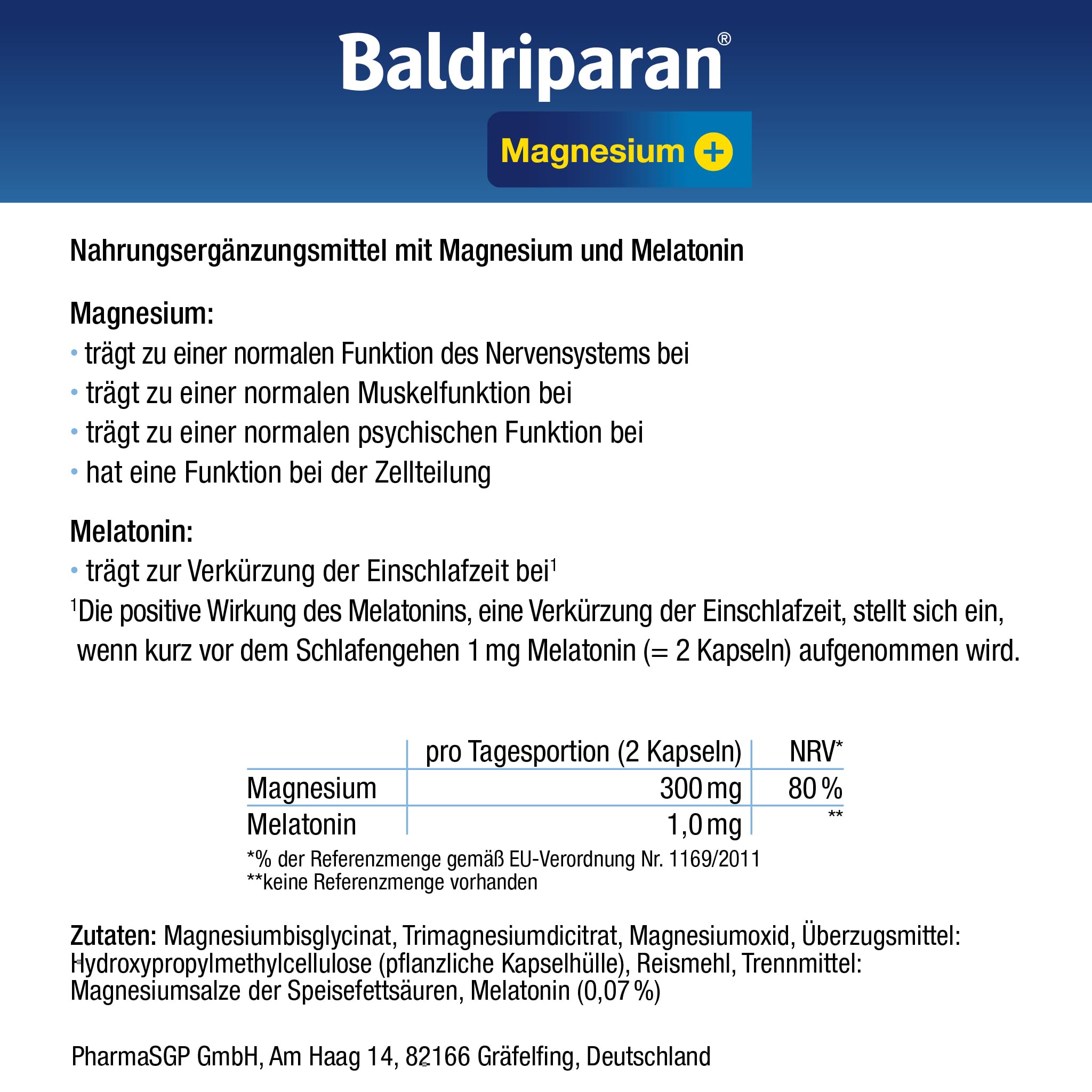 Baldriparan® Magnesium Plus - mit 1mg Melatonin und Magnesiumbisglycinat, hochdosierter Premium Magnesium-Komplex. Hohe Bioverfügbarkeit. Laborgeprüft, vegan und ohne künstliche Zusätze.