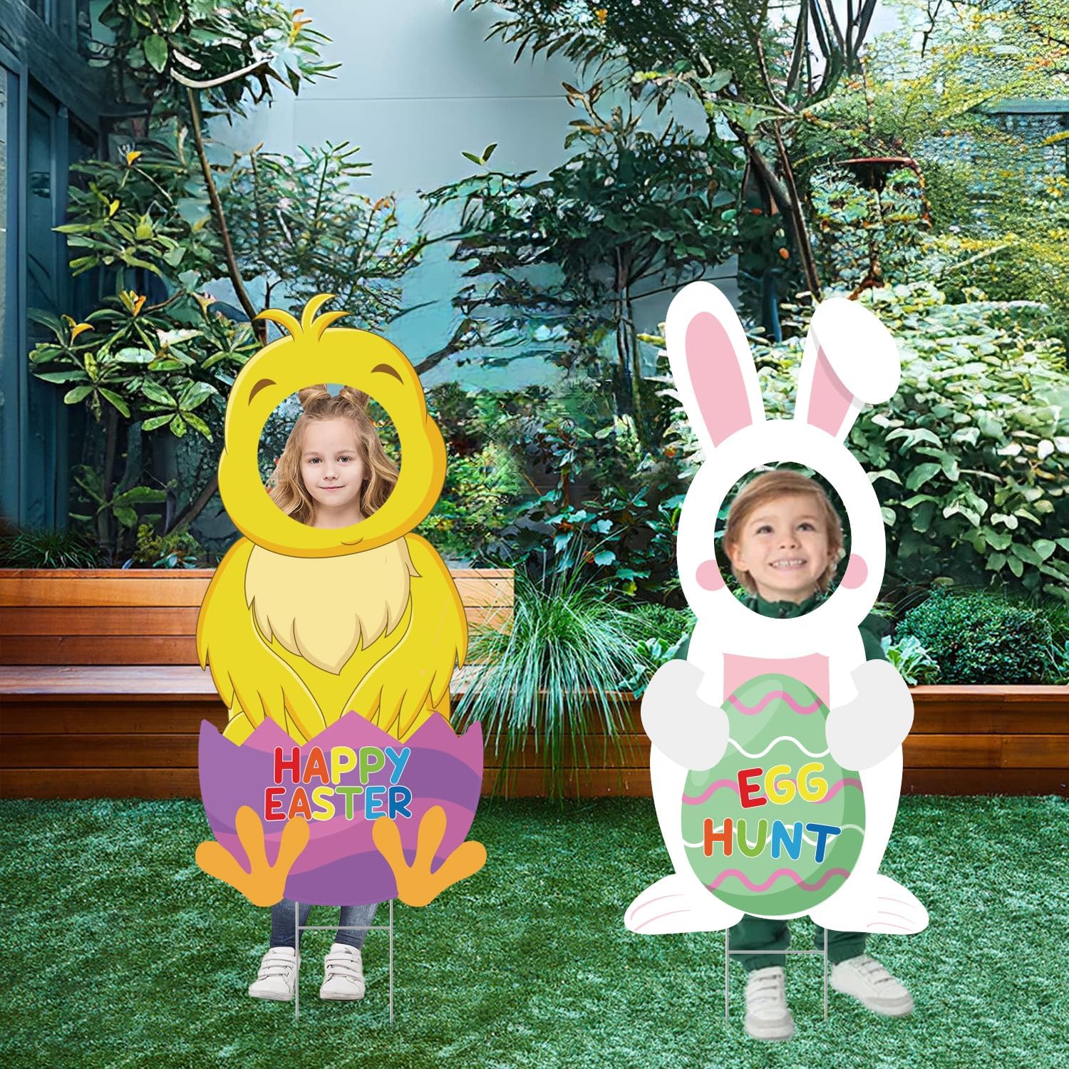 2Pcs 32" Easter Face in Hole Photo Props Yard Decorations, Large Bunny Chick Hunt Cutout with Stakes, PP Safe Material Waterproof, Giant Funny Cute Rabbit Easter Decor for Spring Egg Hunt Party Garden Patio Holiday Display