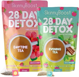 Skinny Boost Detox Tea Kit- 2 PACK –1 Daytime HIBISCUS (28 Bags) + 1 Evening APPLE CINNAMON-(14 Bags) – Herbal Detox for Energy, Bloating & Colon Cleanse – Green Tea, Vegan, Keto, Non-GMO, Sugar-Free