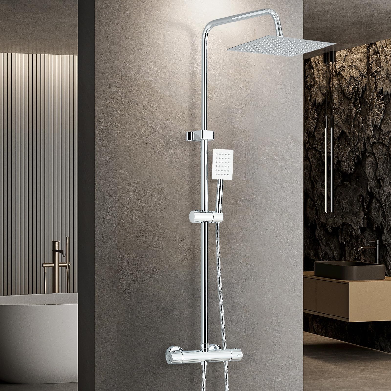 Juego de mezclador termostático de ducha de acero inoxidable y con cabezal de ducha ajustable de 8 pulgadas, doble cabezal, grifo mezclador de baño con ducha, cromado