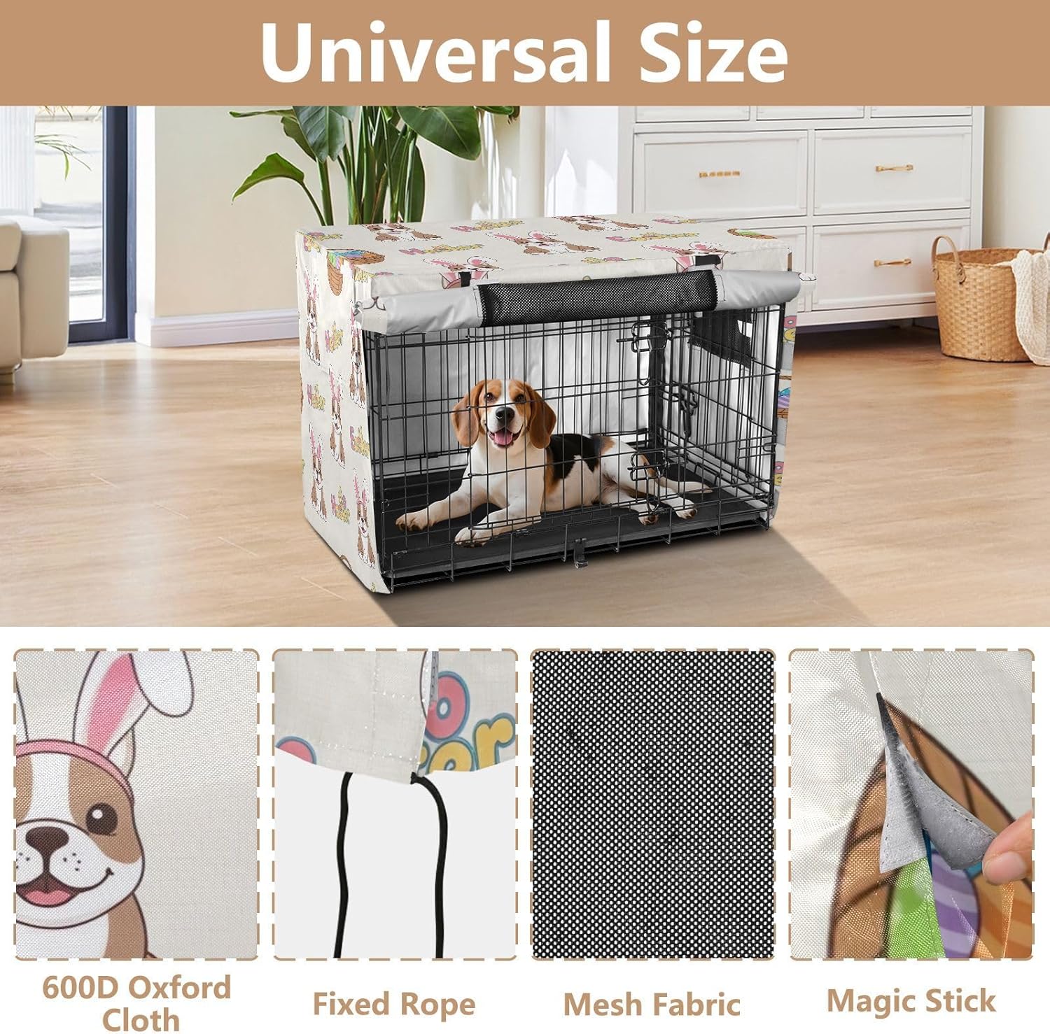 Cute Easter Bulldog Beige Dog Crate Cover Water-Resistant, S-XL Washable Cage Cover for Indoor Pets, Large