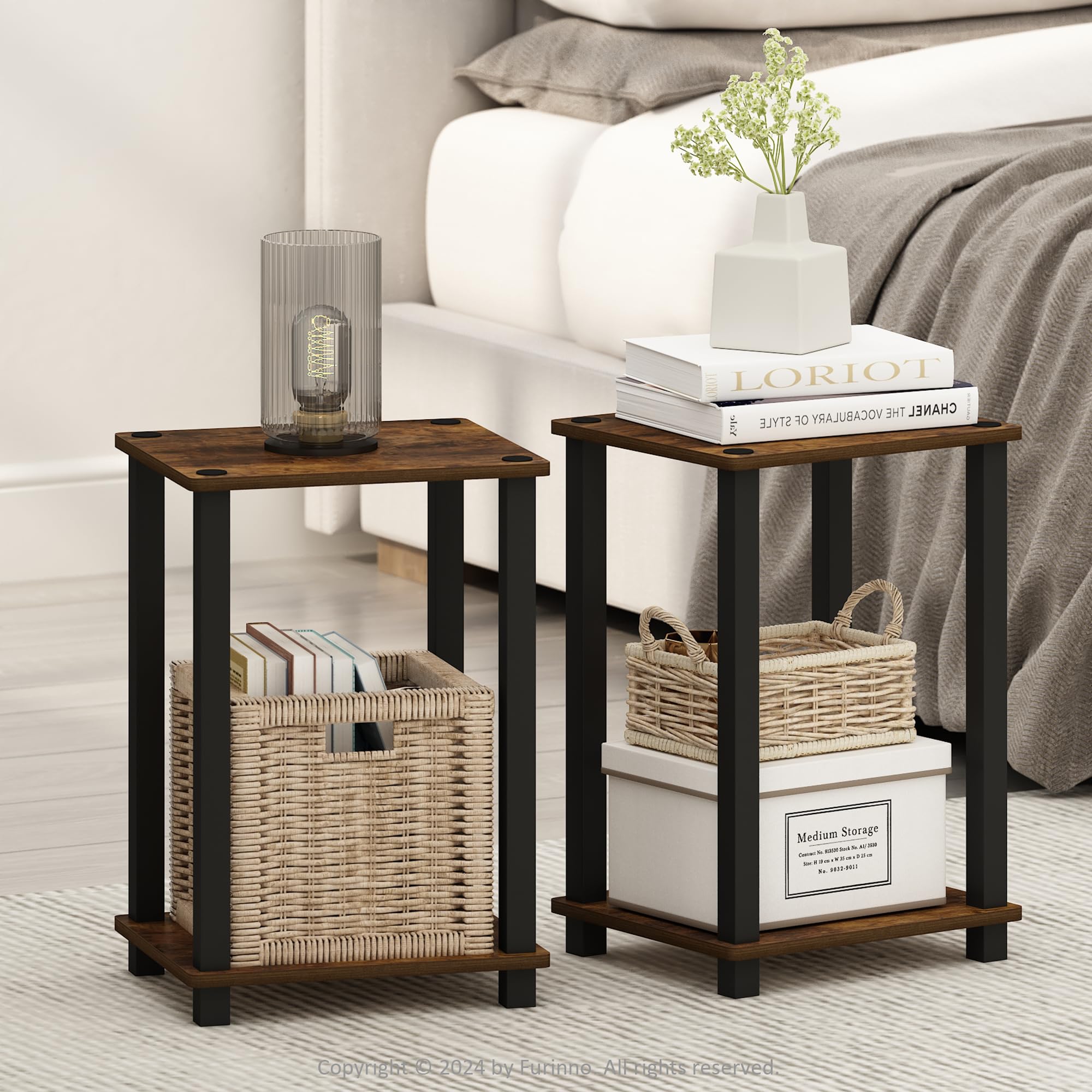Furinno SIMPLISTIC Night Stand Set of 2, 2-Tier Small Nightstand with Open Shelf, Toolless Bedside Table, End Table, Side Table, for Bedroom, Living Room, Amber Pine