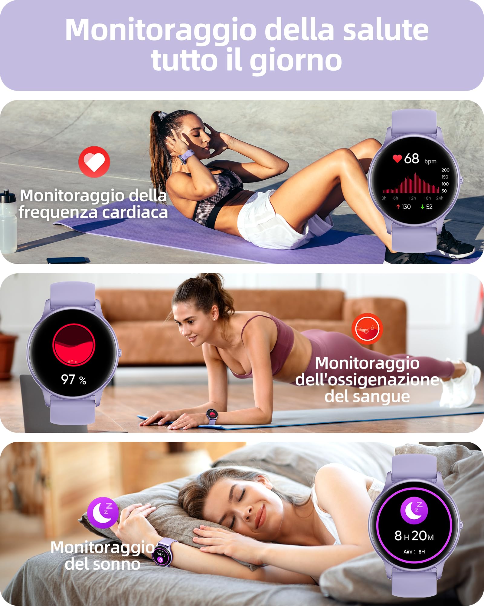 Parsonver Smartwatch Uomo Chiamate Bluetooth, 100 + Modalità Sportive, 1.32" Fitness Sportivo Orologio Fitness Monitor del SpO2/Sonno/Cardiofrequenzimetro, Smart Watch Android iOS, Viola, SPROD1 | 1.32" Fitness Sportivo Orologio con Monitor del SpO2/Sonno