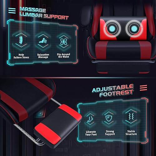 Miniatura 4 de JUMMICO Silla ergonómica para videojuegos con reposapiés y soporte lumbar de masaje, silla de videojuegos de altura ajustable con asiento giratorio
