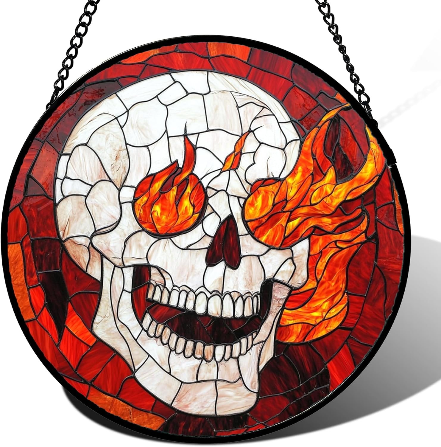 Stained Glass Window Hanging - Halloween Scary Flaming Skull Suncatcher for Doors Garden Home Spooky Red Skeleton Sun Catchers Gothic Decor Horror Gift for Women Men Friend Boy Girl 11.8 in