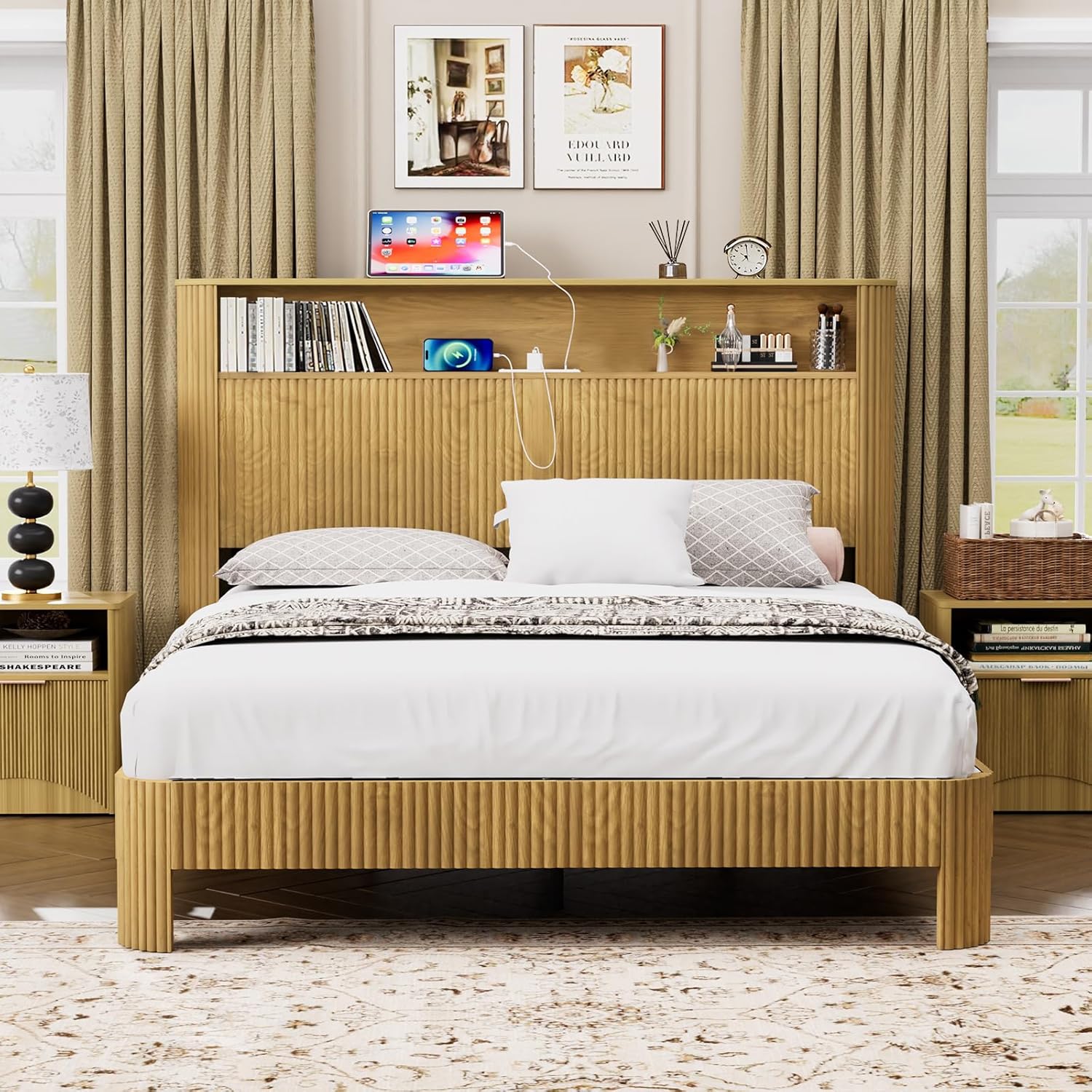 Fluted Bed Frame with Outlets, Charging Station & Storage Headboard, Noise-Reducing Metal Structure, Modern Platform Bed for Bedroom, Apartment, Master & Teen Room