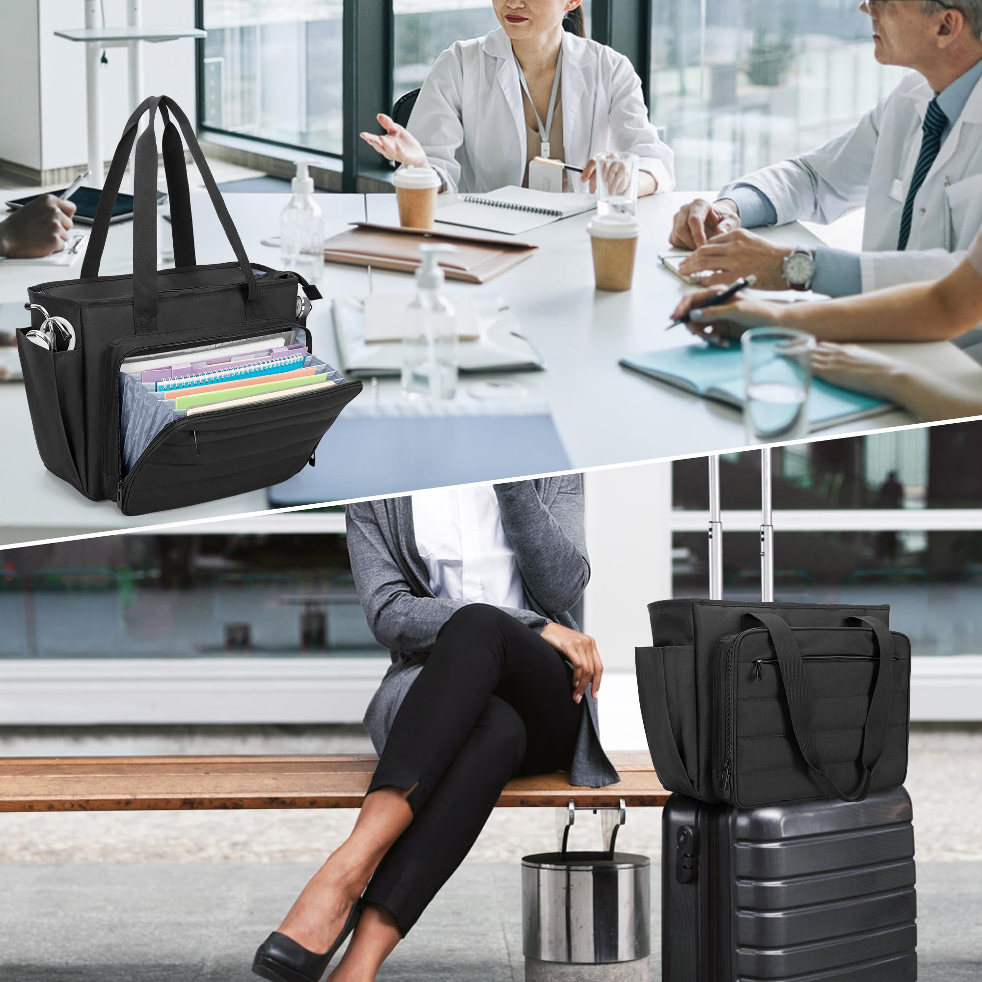 CURMIO Sac de Travail pour Infirmière, Sac Médical Portable avec Pochette Accordéon et Housse pour Ordinateur Portable 15,6", Noir