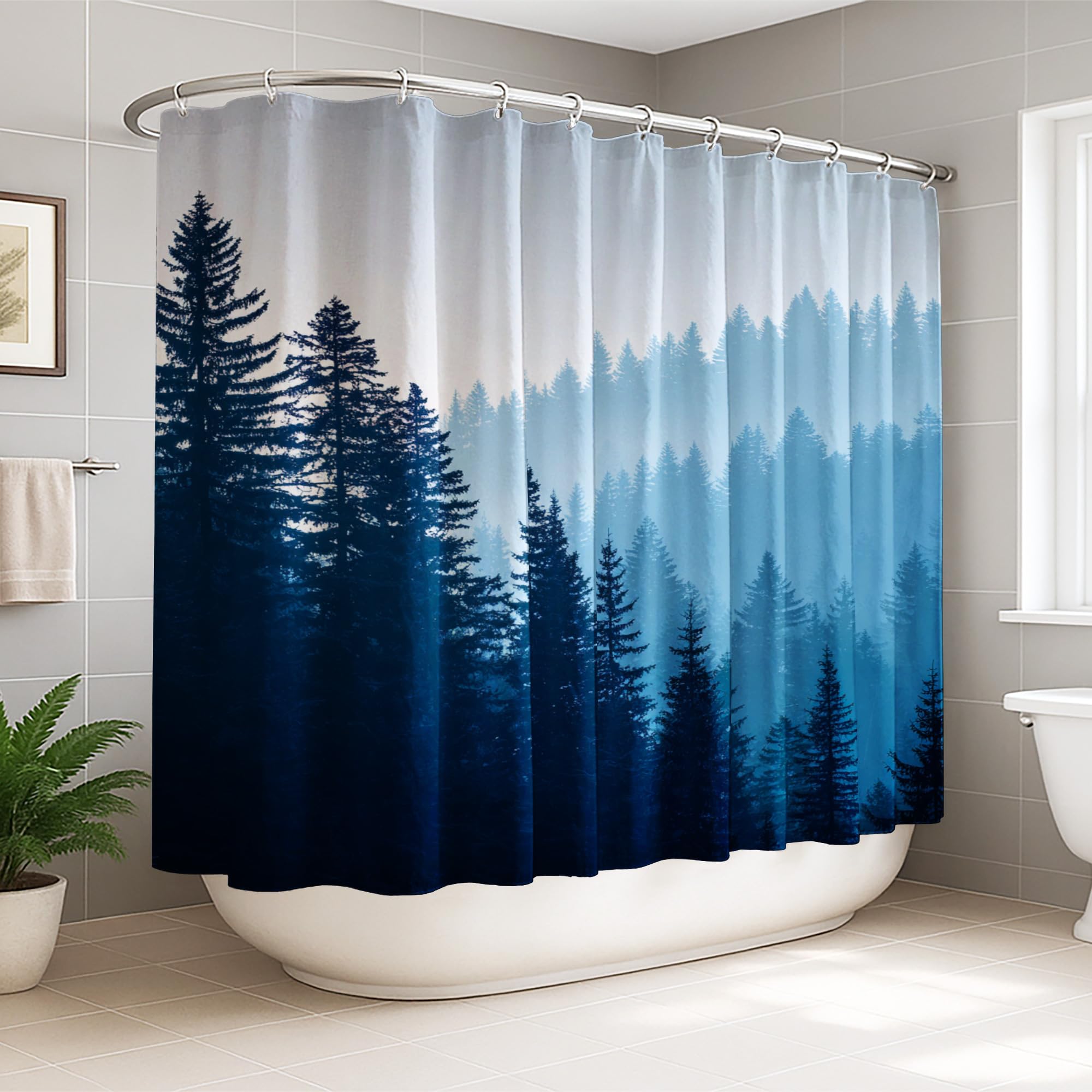 Rideau de douche extra large 274x183 cm bleu motif feuillage pour baignoire d'appartement