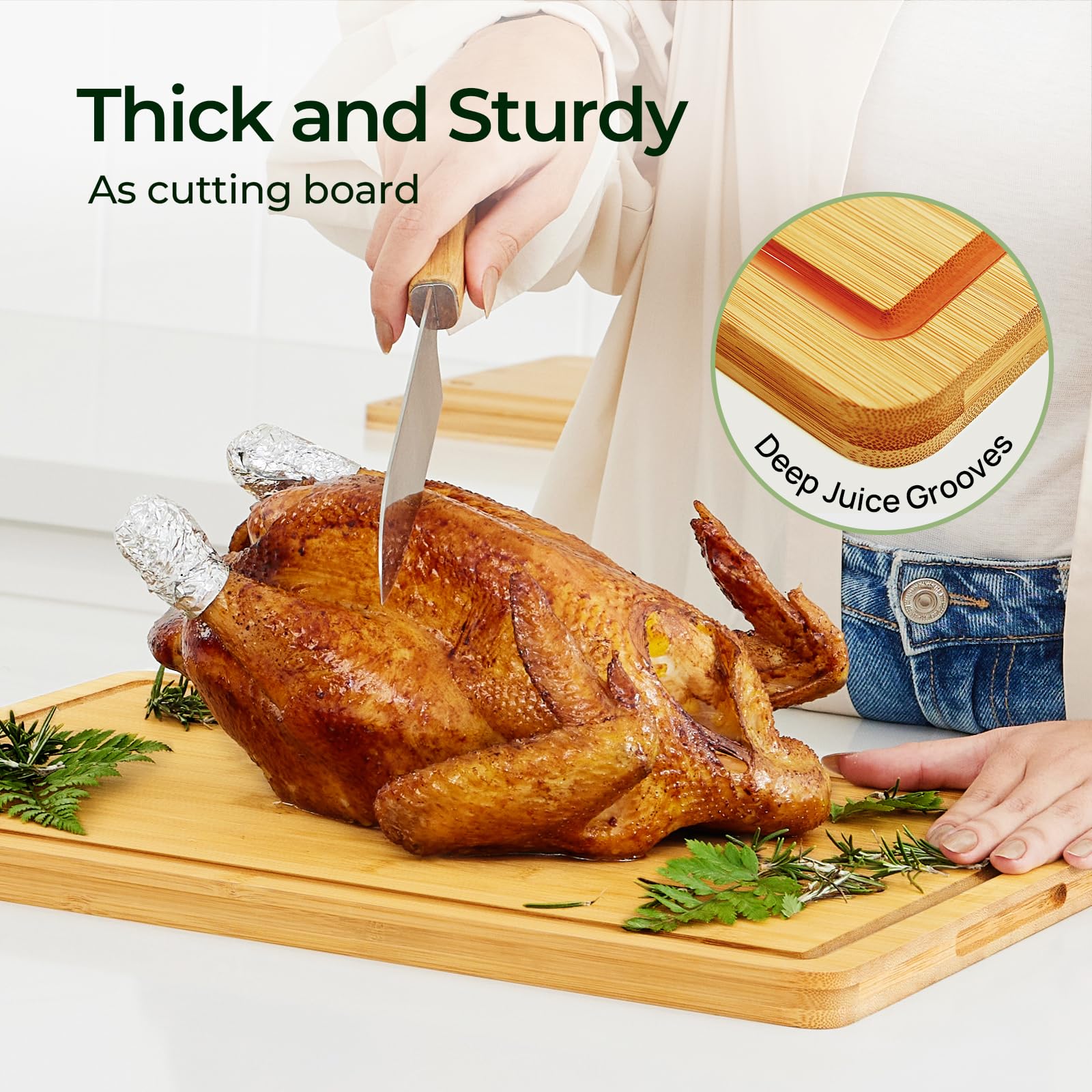 Keechee Bamboo Cutting Board, Durable Wood Cutting Boards for Kitchen with Deep Juice Grooves & Built-in Handles, Ideal Charcuterie & Chopping for Meat, Vegetables and Fruits Ideal Kitchen Gifts: Natural Bamboo 17.9"L x 12"W