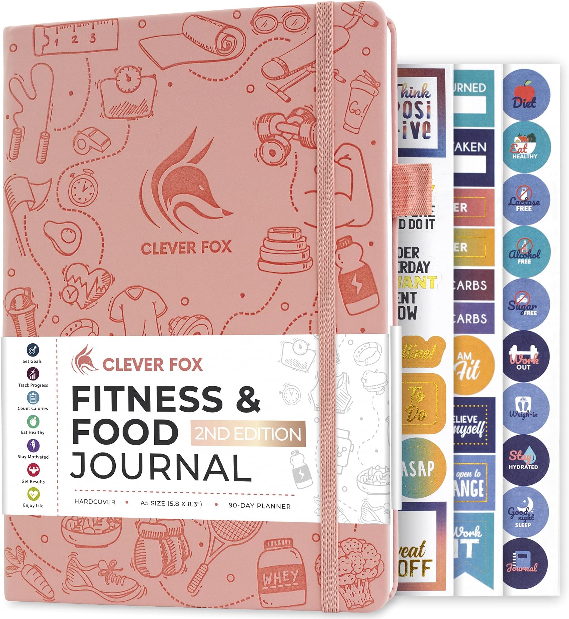 Clever Fox Fitness & Food Journal, Workout Planner, 14.5x21cm Light Pink | Lasts 3 months, undated hardcover exercise & weight loss journal for women, gym, diet, meal tracker, calorie counter book