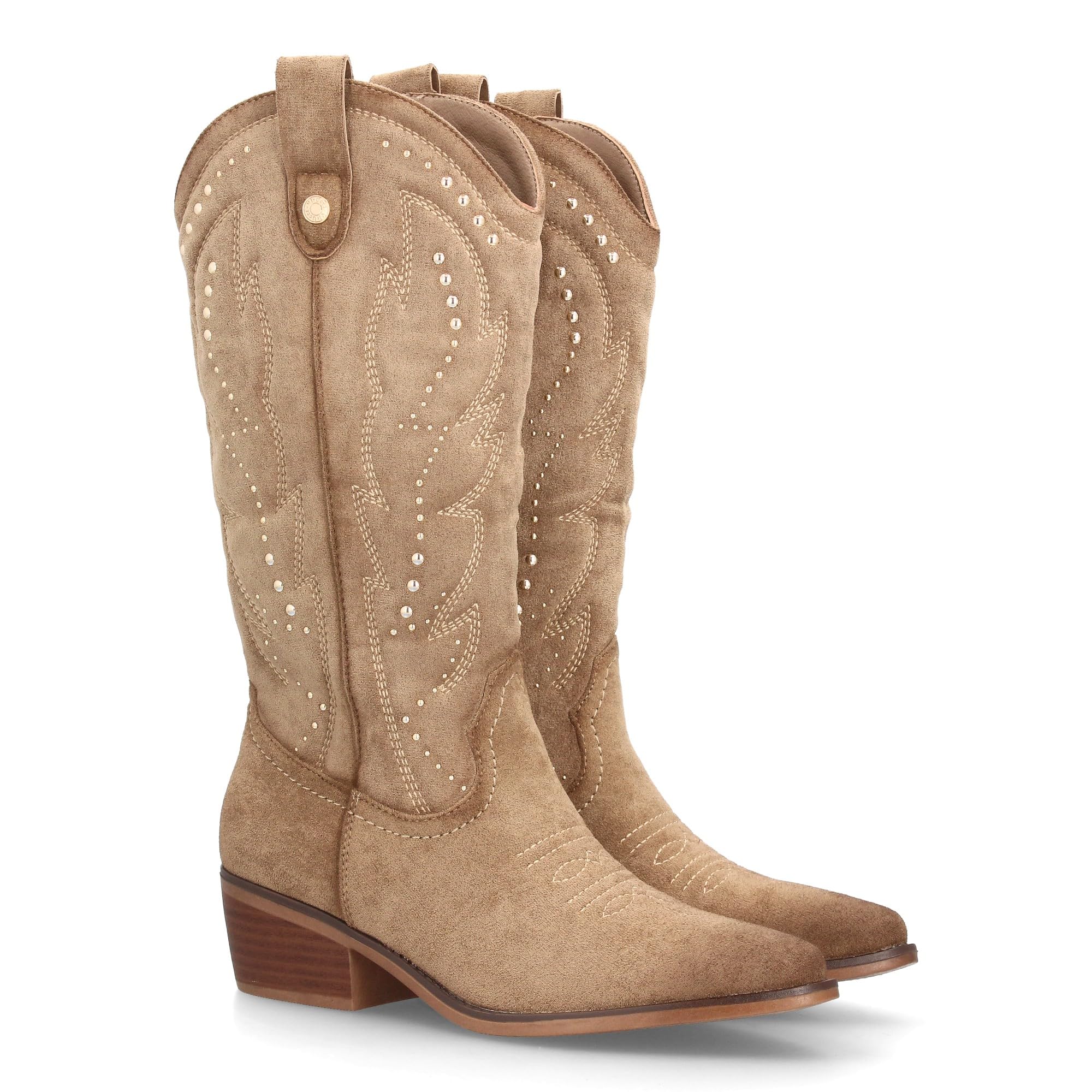 Botas Cowboy de Mujer Estilo Western con Diseno Elegante. Cana Alta con Bordados Decorativos y Tachuelas metalicas. Tacon Ancho de Altura Media, Punta Fina. Ideal Otono Invierno.