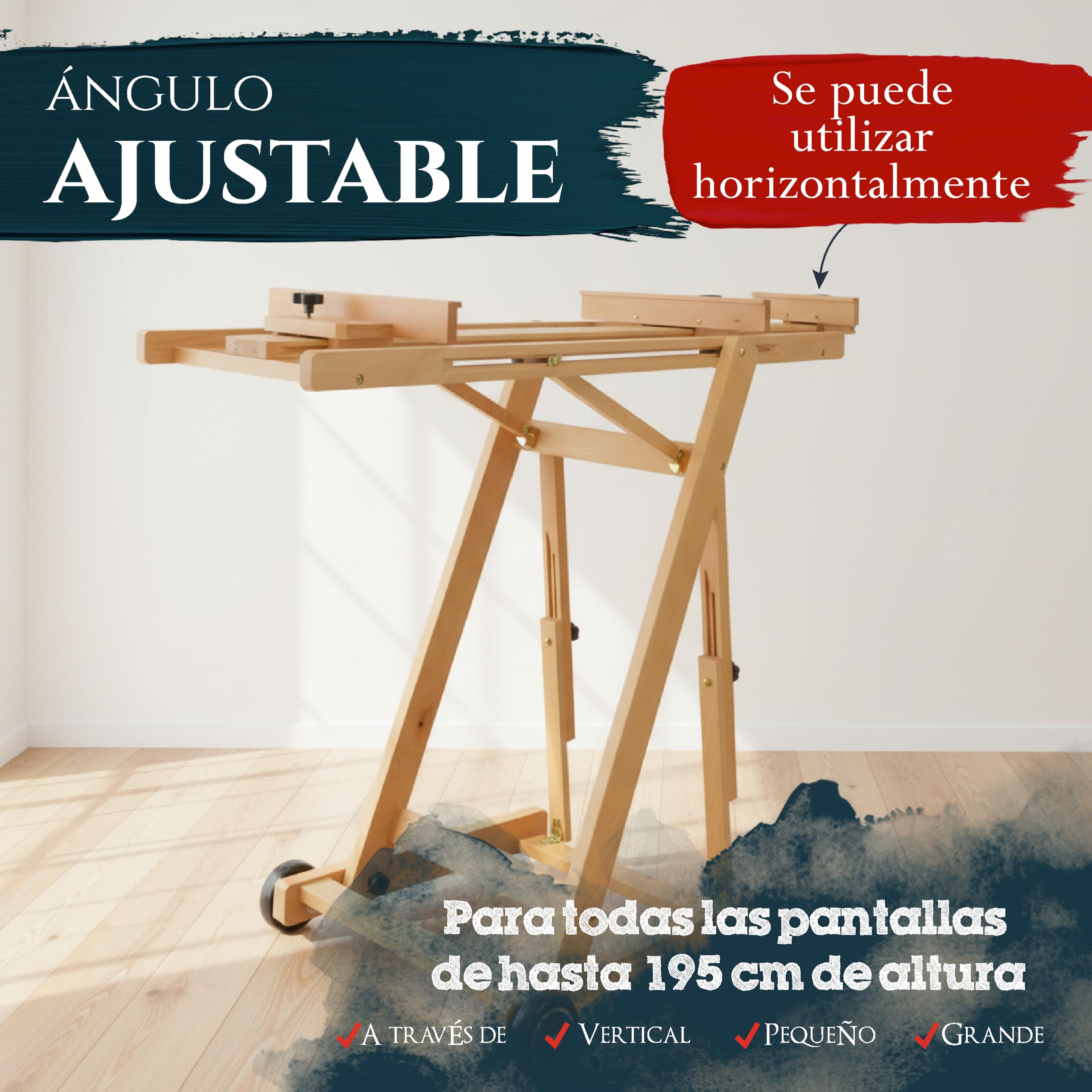 Artina caballete de pintura de estudio profesional Bordeaux – caballete plegable de madera de haya maciza - calidad profesional - transportable con ruedas | madera de haya profesional estudio caballete de alta calidad ángulo de inclinación burro Burdeos