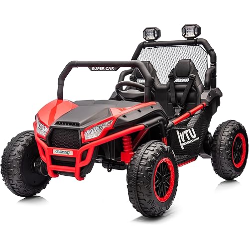 2 Seater Kids Ride-On Car, 4WD/2WD Convertible Off-Road Truck, with Remote Control, Storage, Music and Lights - for Ages 3-12, Capacity 110lbs, Red