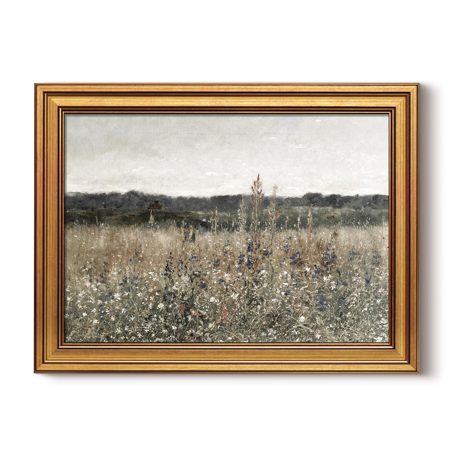 HUARCEY Gold Framed Canvas Wall Art Prints, Living Room Vintage Art Aesthetic, Wildflower Field Floral Landscape Paintings Farmhouse Decor, Retro Decoration for Bedroom Bathroom, 12x16Inch