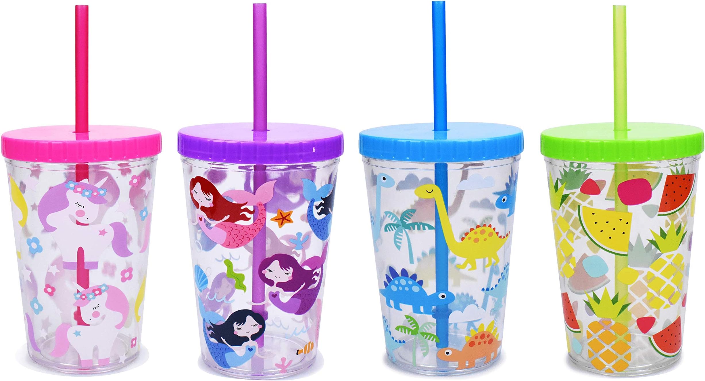 Home Tune 16oz Kids Tumbler Water Drinking Cup 4 Pack - BPA Free, Straw Lid Cup, Reusable, Lightweight, Spill-Proof Water Bottle with Cute Design for Girls & Boys