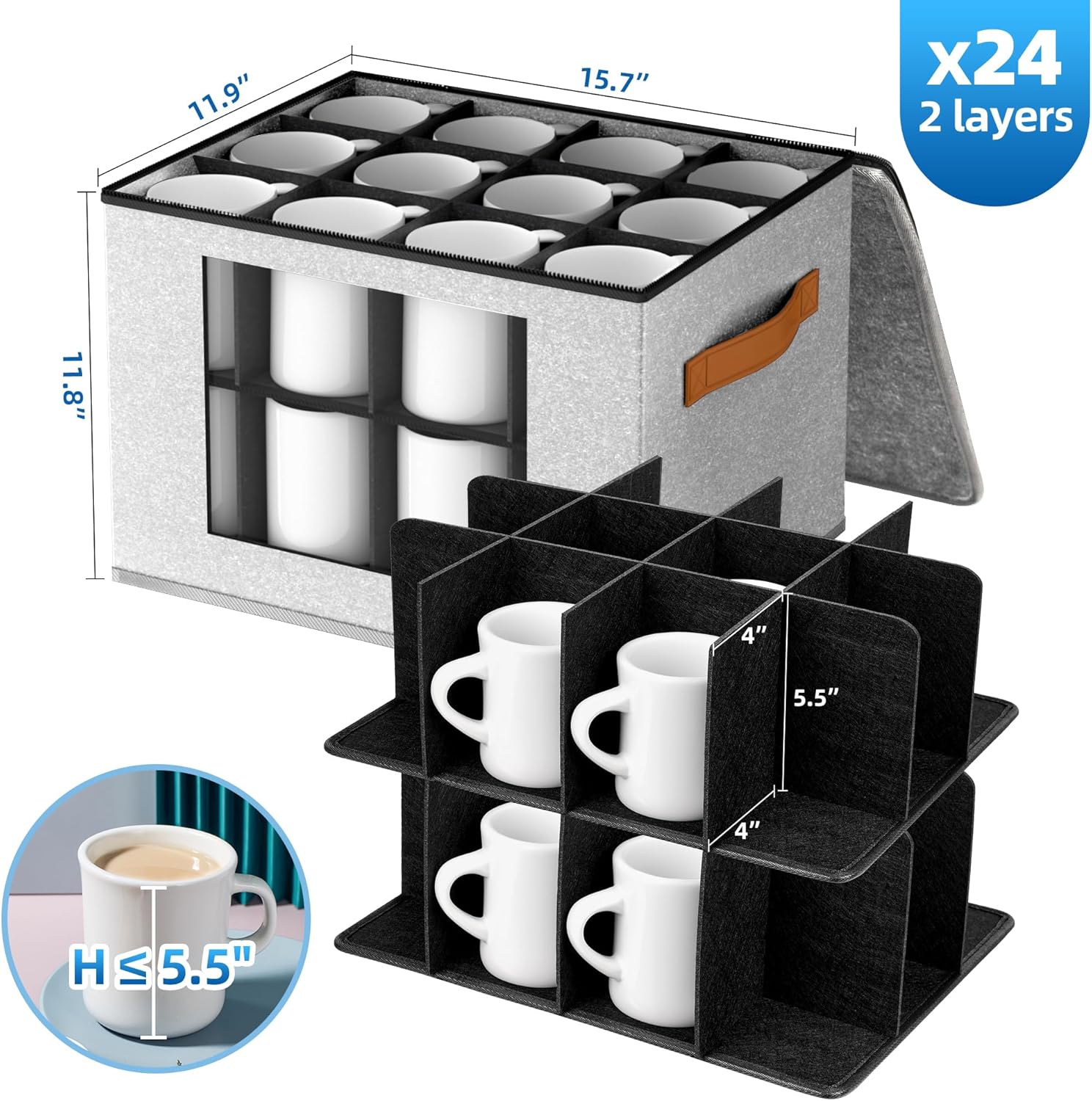 2-Layer Coffee Mug Storage Box with Dividers, Cup Storage Organizer with Zipper Lid and Handles, Stackable China Storage Containers Service for 24 Mugs, Cups and Glasses, Light Grey LIGHT GRAY Coffee Mug Storage