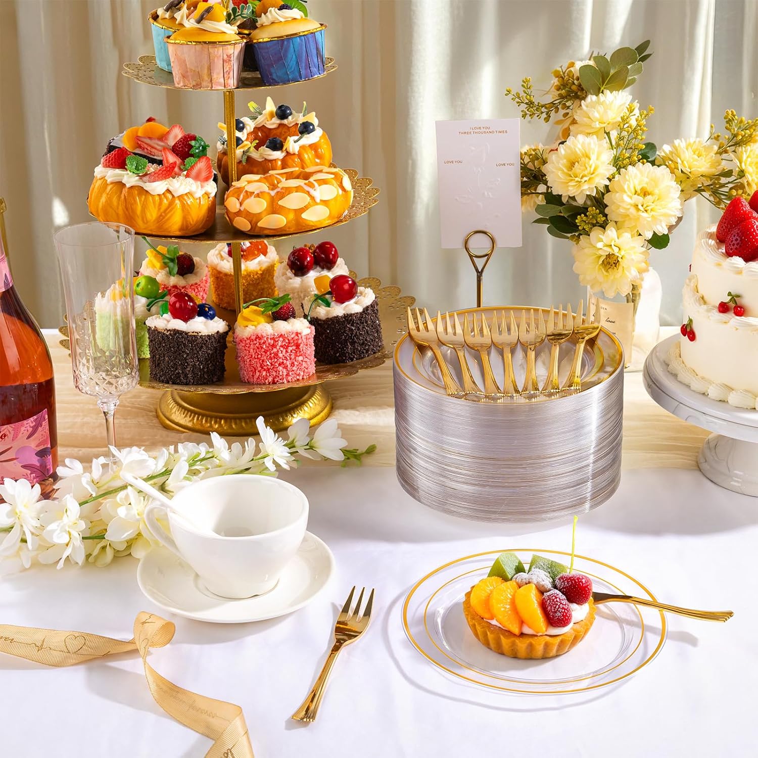 DaYammi 240Pcs Dessert Plates Include 120Pcs Gold Cake Plates 6.3inch with 120Pcs Gold Plastic Forks 5.7inch,Clear gold plates Disposable Salad Plate for Party Appetizer Plate for Wedding Birthday - Image 2
