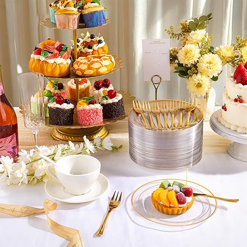 Miniatura 29 de DaYammi 240 platos de plástico dorado que incluyen 120 platos de postre y 120 tenedores para pasteles, plato de fiesta martillado, platos dorados