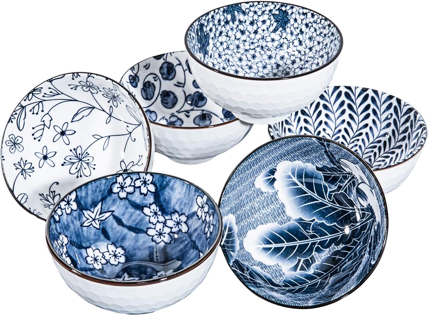 Japanese Style Ceramic Cereal Bowls,10 Ounces Salad,Soup,Rice Bowl Set,Blue and White (4.5 inch)