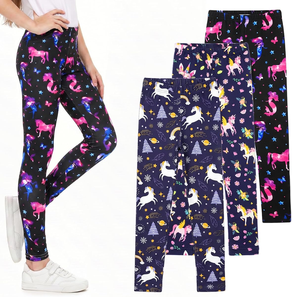 Girls Leggings 3 and 4 Pack - Printed Soft Elastic Pants for School, Sports and Casual Wear, Size 4-13