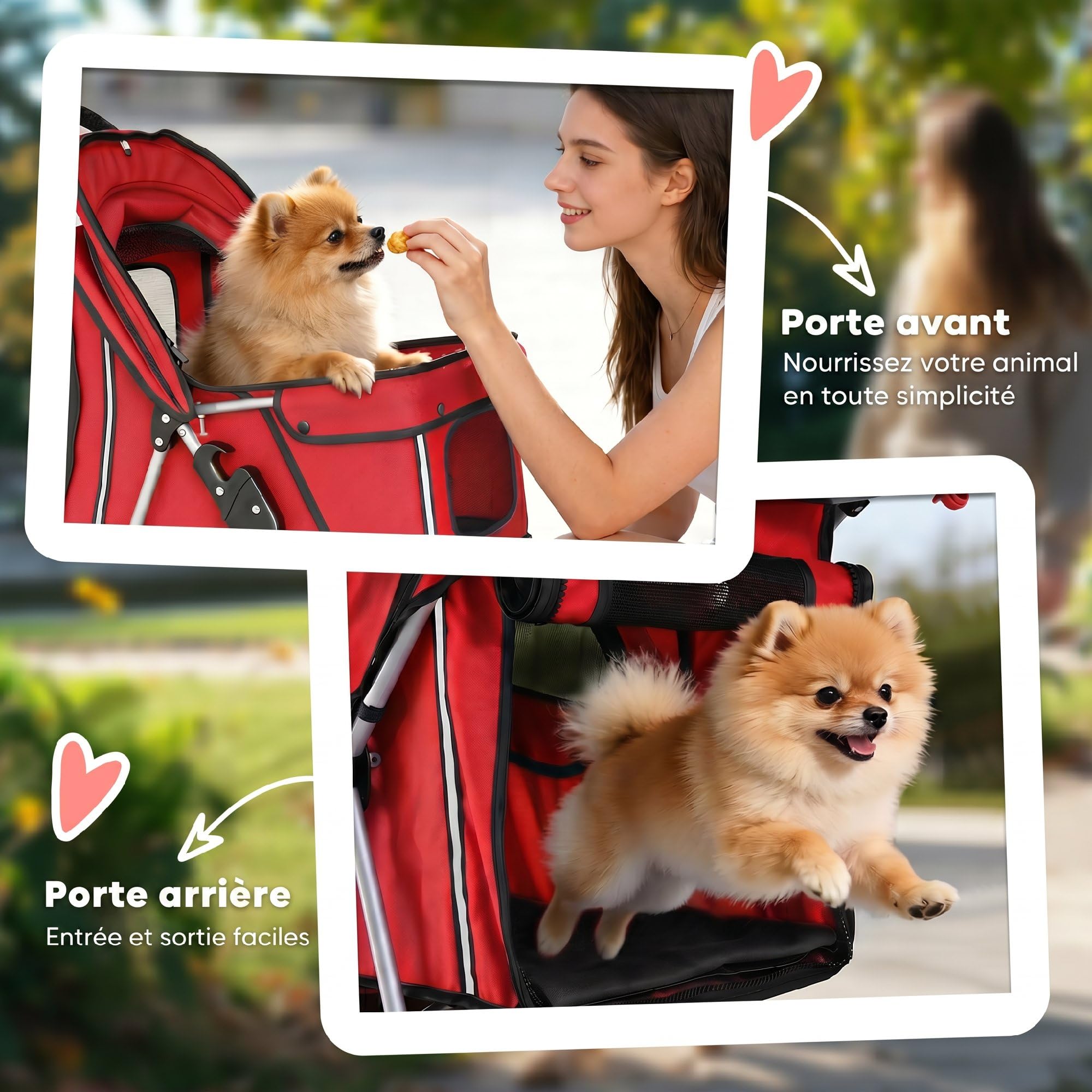 PawHut Poussette Buggy Pliable Animaux Chien Tout Terrain Rouge | Chariot Pliant Chien Chat, Panier de Rangement Inclus, Roues Avec Frein, Tissu 600D Oxford Acier, Porte-Gobelet, 75x45x97cm