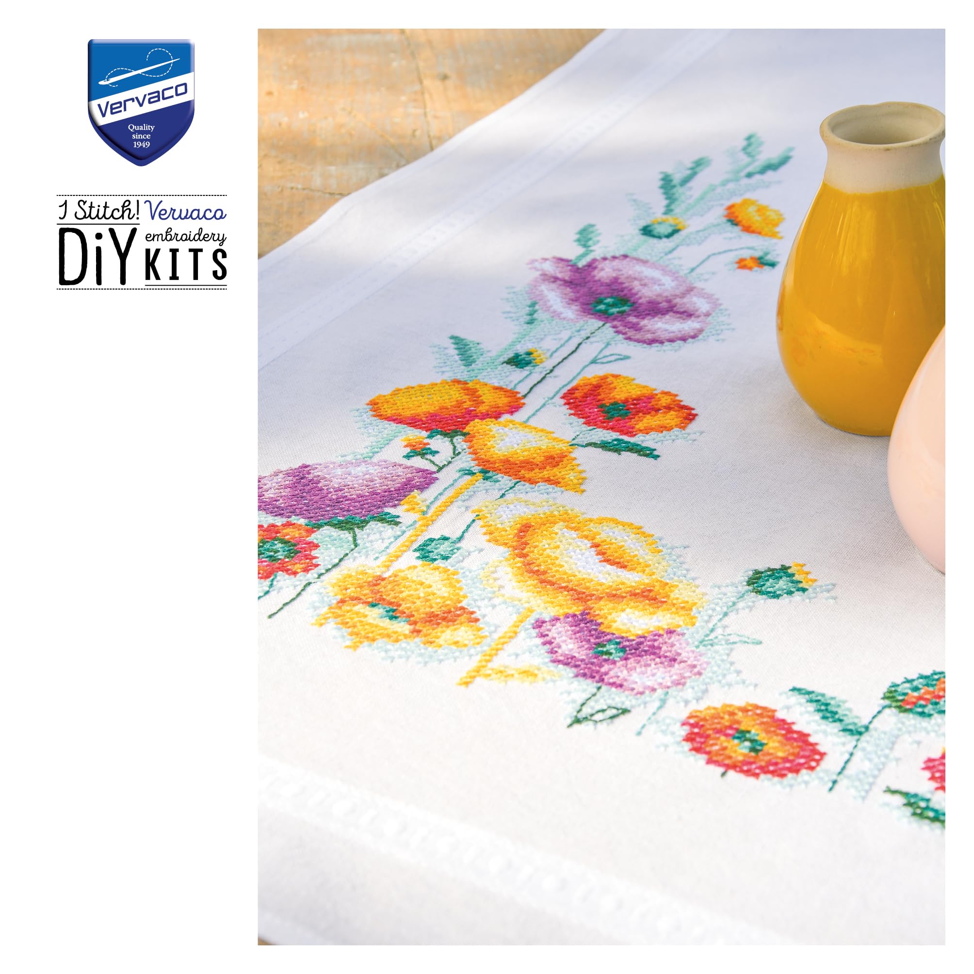 Vervaco Kreuzstich Stickpackungen Tischdecke Mohnblumen Stickdecken Vorgezeichnet Basteln Erwachsene Kreativ Set Vorgedruckte Decke Sticken ca. 80 x 80 cm Handarbeit Zubehör DIY Sticken Set