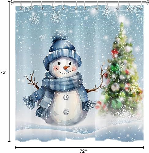 Miniatura 8 de Juego de cortina de ducha de muñeco de nieve azul con árbol de Navidad y copo de nieve en la escena de la nieve, juego de cortinas de ducha con