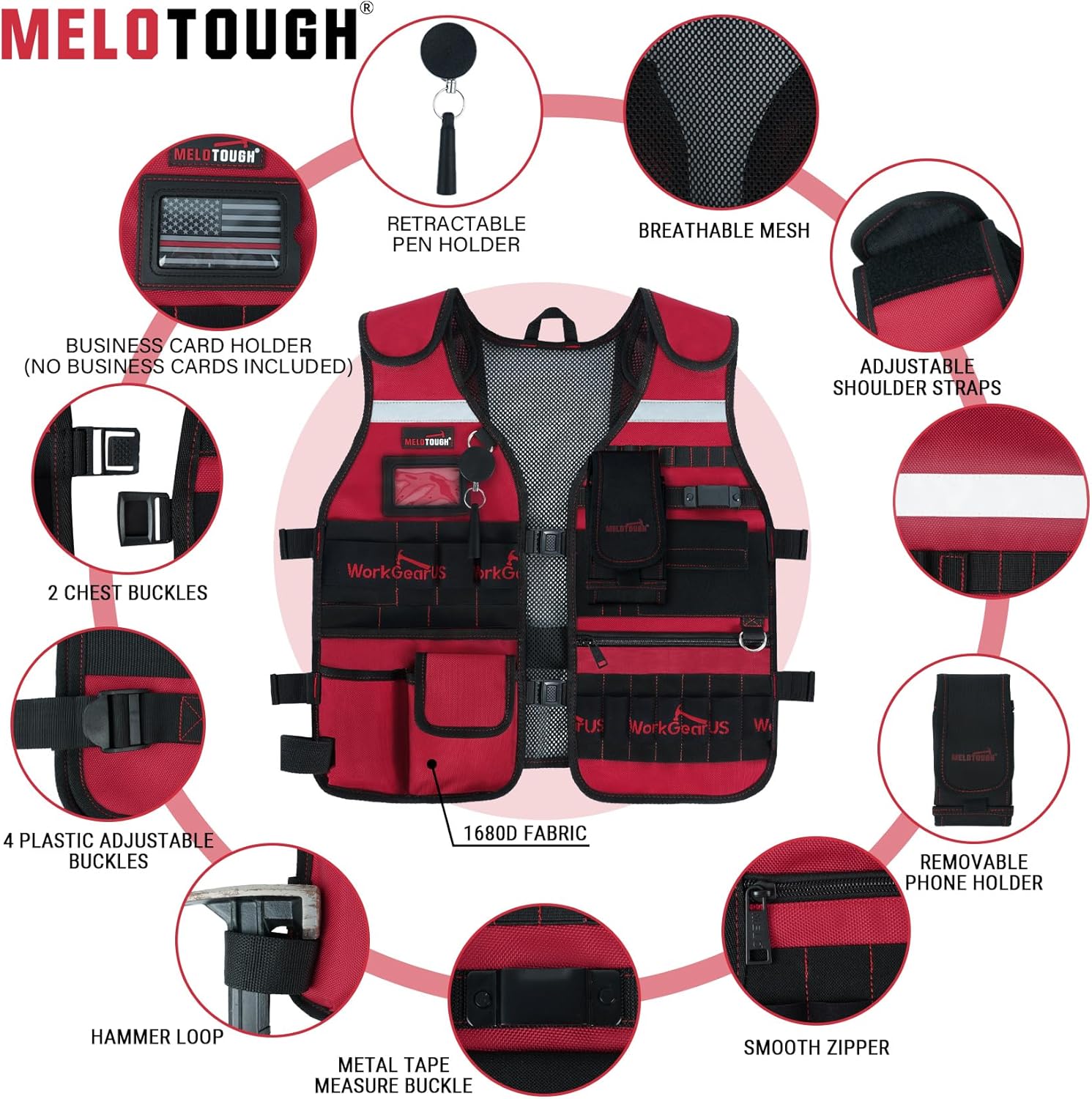 MELOTOUGH Tool Vest Safety Work Vest with Adjustable Straps,Removable Phone Holder for Electrician,Construction,Carpenters